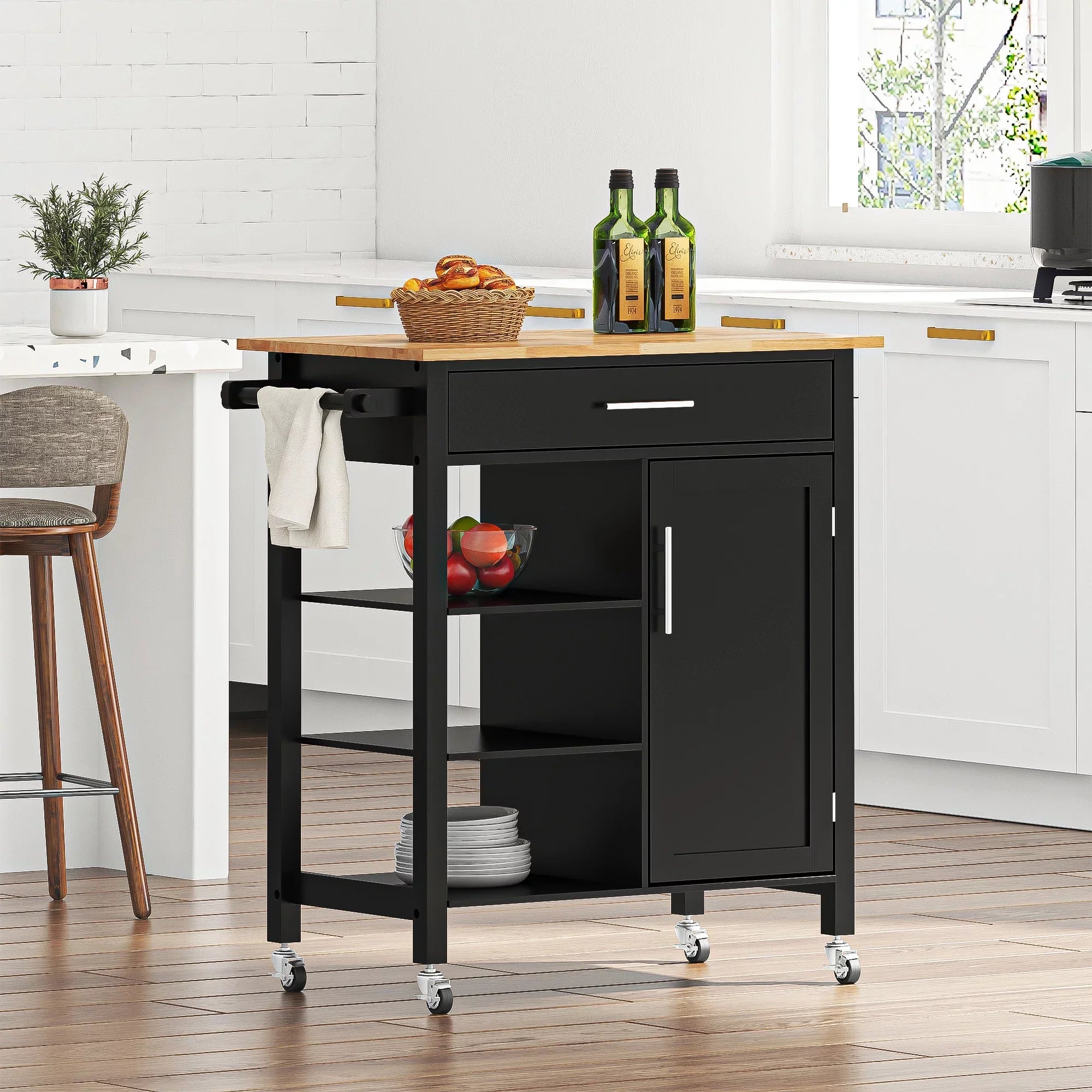 SizeogesPower 36"Height Multi-Purpose Kitchen Island with Hidden Cabinet- Black