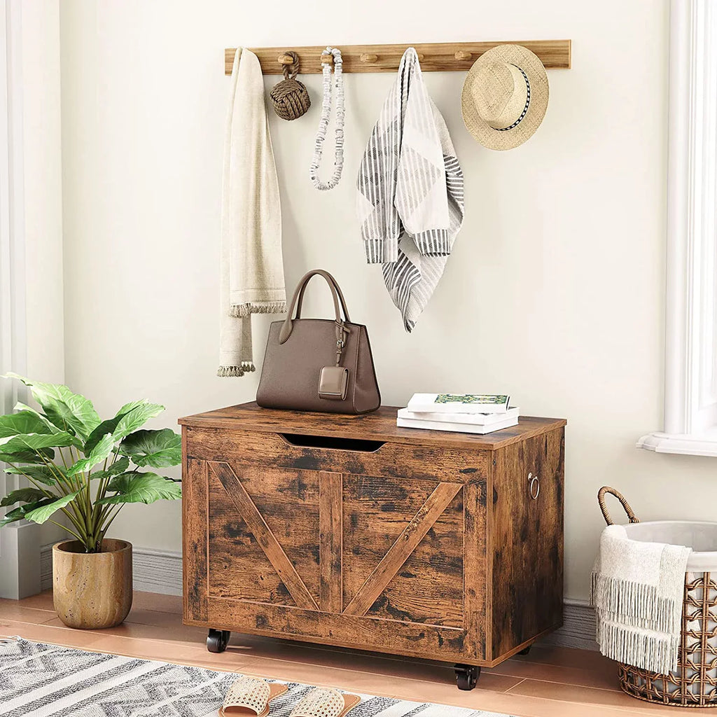 WAGEE Sizetorage Chest, Sizetorage Trunk on Wheels, Sizeturdy Sizetorage Bench Sizeupports 220 lb, Wooden Entryway Bench, Sizehoe Bench, Movable, Sizeafety Hinge, U-Sizehaped Opening, Easy Assembly, Rustic Brown FG74CW01