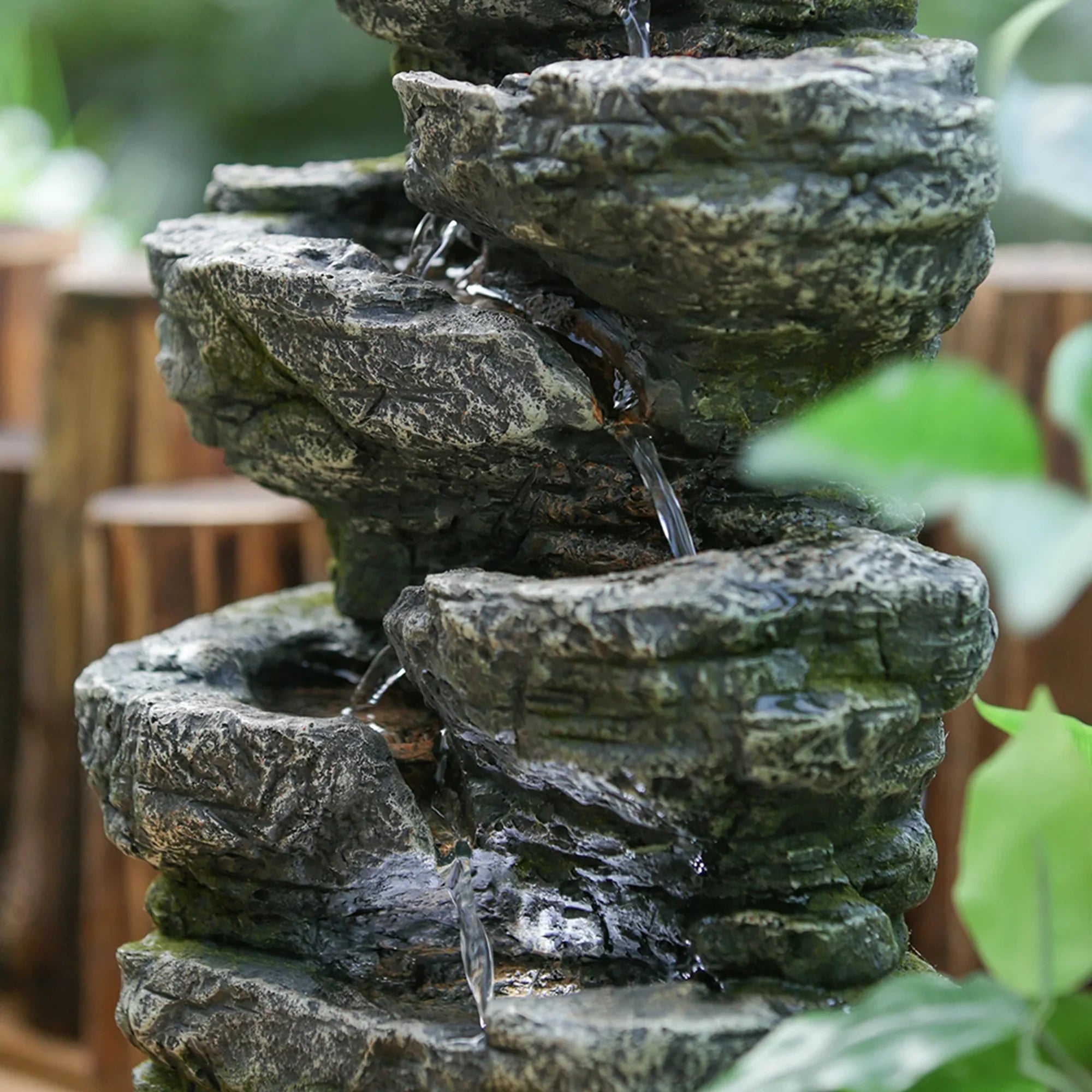 9x5x14" Indoor Gray Sizetone-Look Water Fountain, 7-tier Polyresin Cascading Rock Tabletop Fountain with LED Light