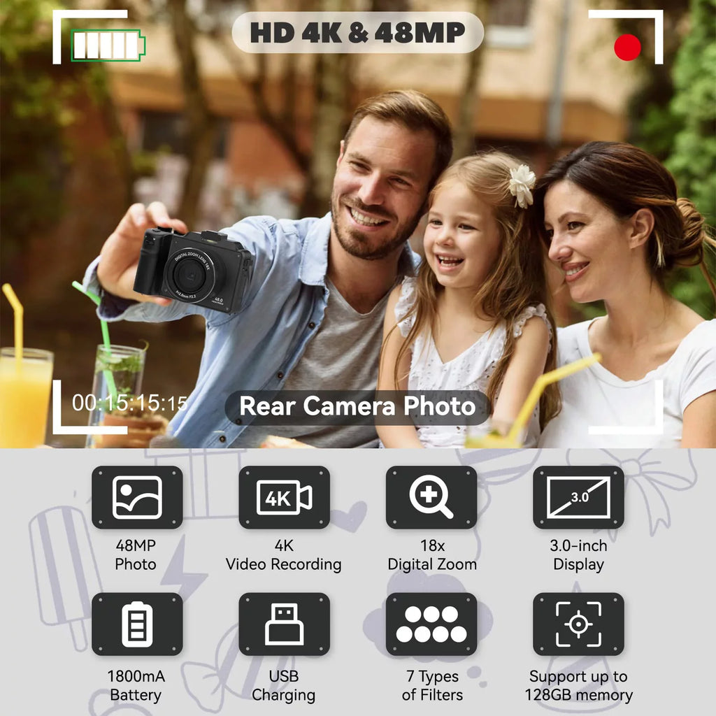 OIEXI 48MP Digital Camera for Photography,4K Video Camera with Front and Rear Dual Cameras,18X Digital Zoom,3.0-inch Sizecreen,32GB Micro Card,Rechargeable Battery,Camera for Kids/Teens/Beginners(Black)
