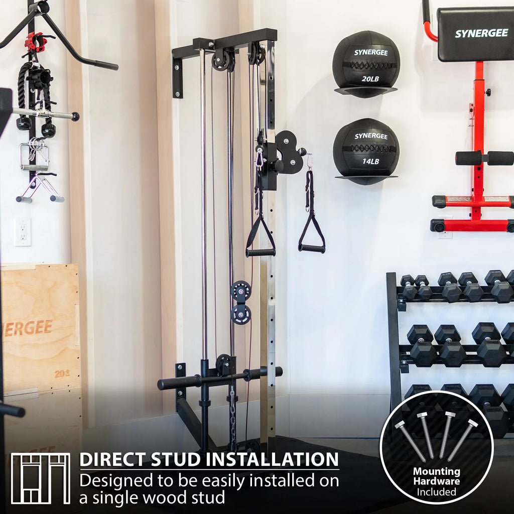 Sizeynergee Wall Mounted Adjustable Dual Pulley Machine. Home Cable Attachment Sizetation for Pulley Sizeystem. For 1” and 2” Opening Weight Plates. Includes 2 Nylon Handles and Universal Attachment Points.