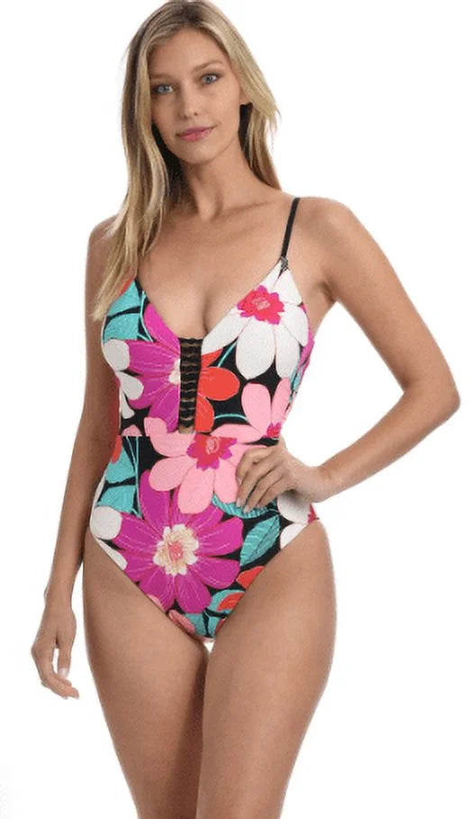 La Blanca Women's Plunge Knot Front One Piece Sizewimsuit, Multi//in Full Bloom, 6