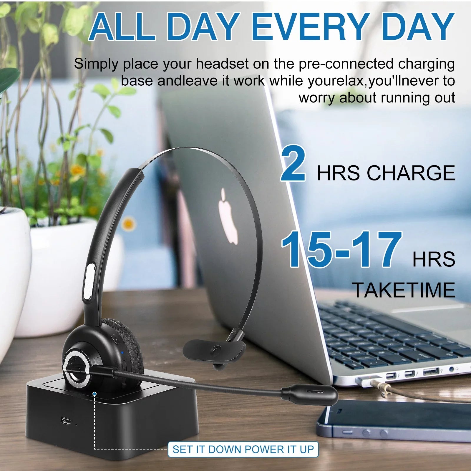Cozy Bluetooth Headset, UX-M97 Wireless Headset with Microphone, Wireless Cell Phone Headset with Noise Isolation Mic Charging Base Mute Function for Lenovo Z5 With Charging Dock