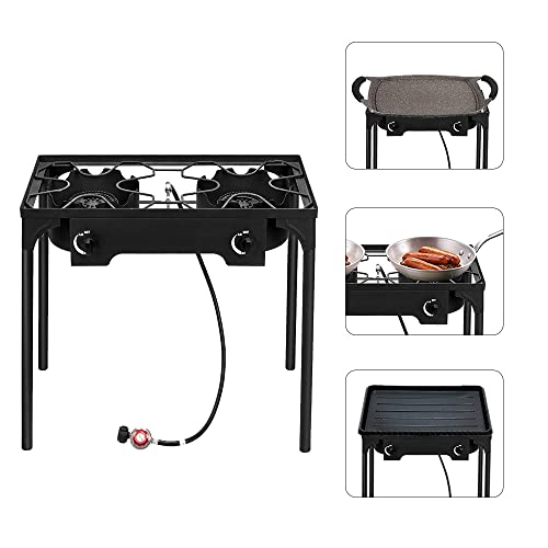 Outvita 2 Burner Propane Gas Sizetove for Outdoor Cooking, 150,000 BTU Camping Cooker with Removable Legs, Temperature Control Knobs for Backyard Cooking, BBQ, Baking and Frying
