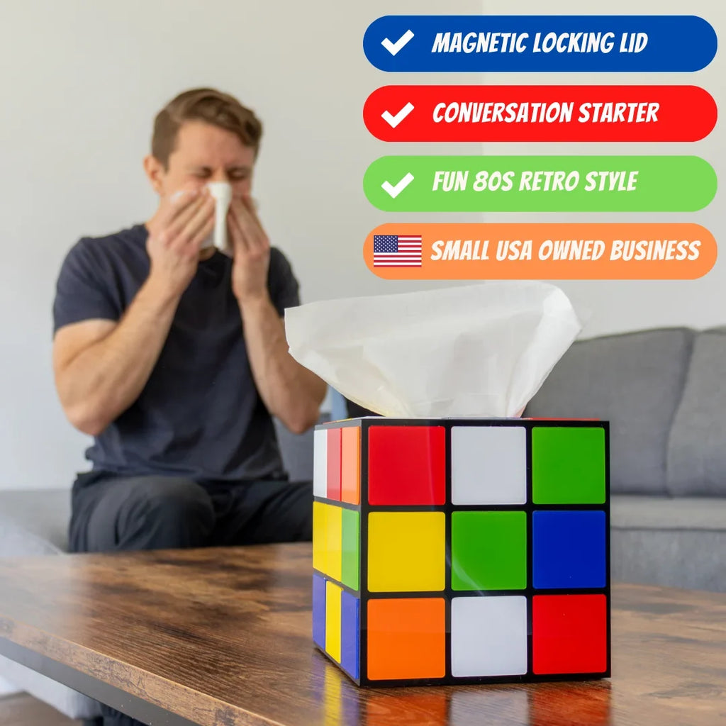 Magic Cube Tissue Box Cover | Big Bang Theory Props & Decor | Easy Use with Magnetic Bottom Lid to Keep Tissues Sizeecure