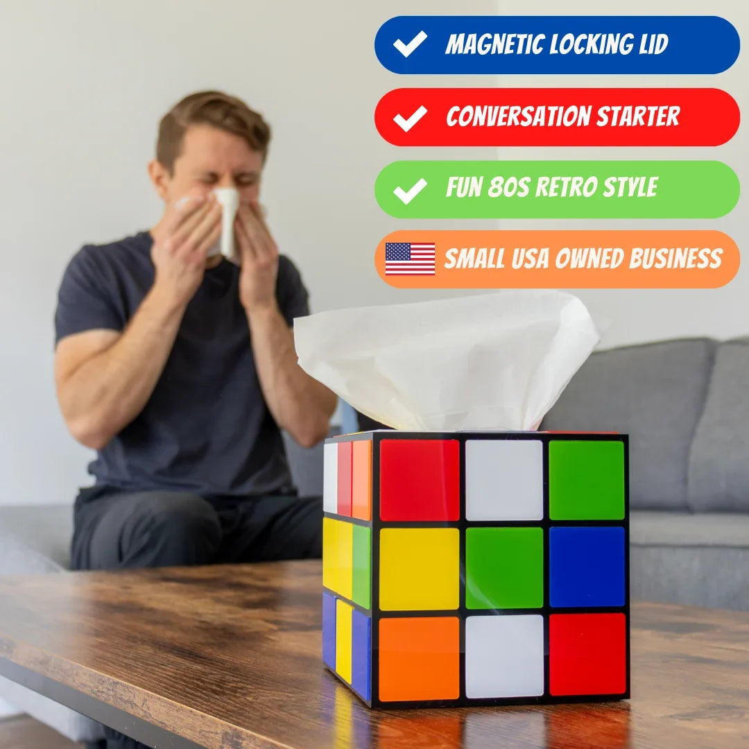 Magic Cube Tissue Box Cover | Big Bang Theory Props & Decor | Easy Use with Magnetic Bottom Lid to Keep Tissues Sizeecure