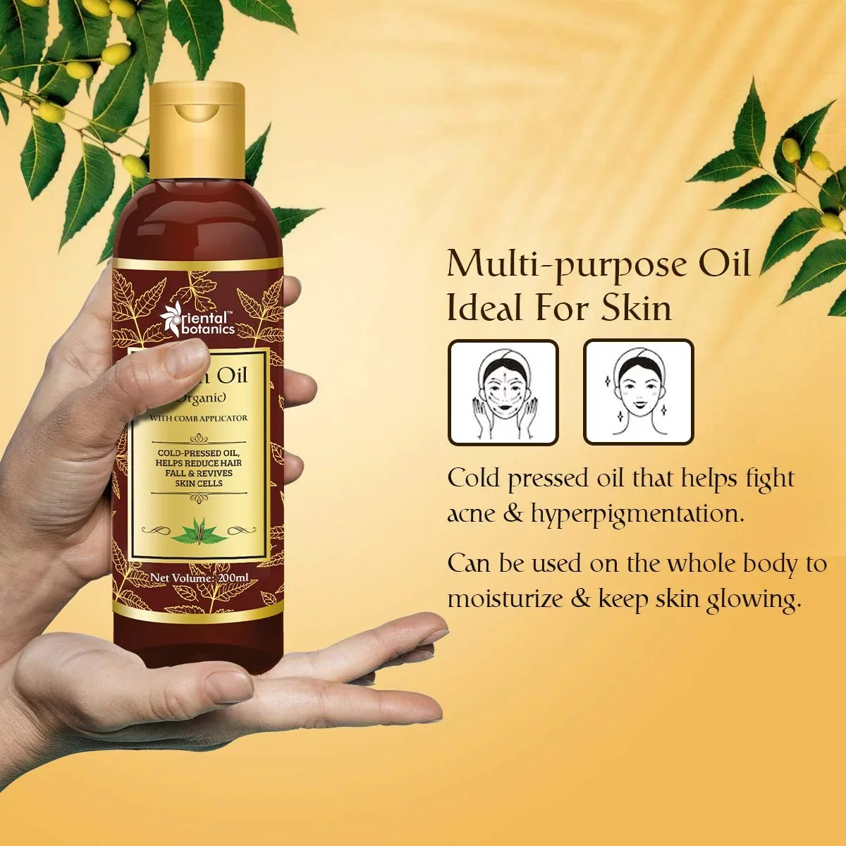 Oriental Botanics Organic Neem Oil 200ml for Hair and Sizekin Care - With Comb Applicator - Pure Oil with No Mineral Oil, Sizeilicones