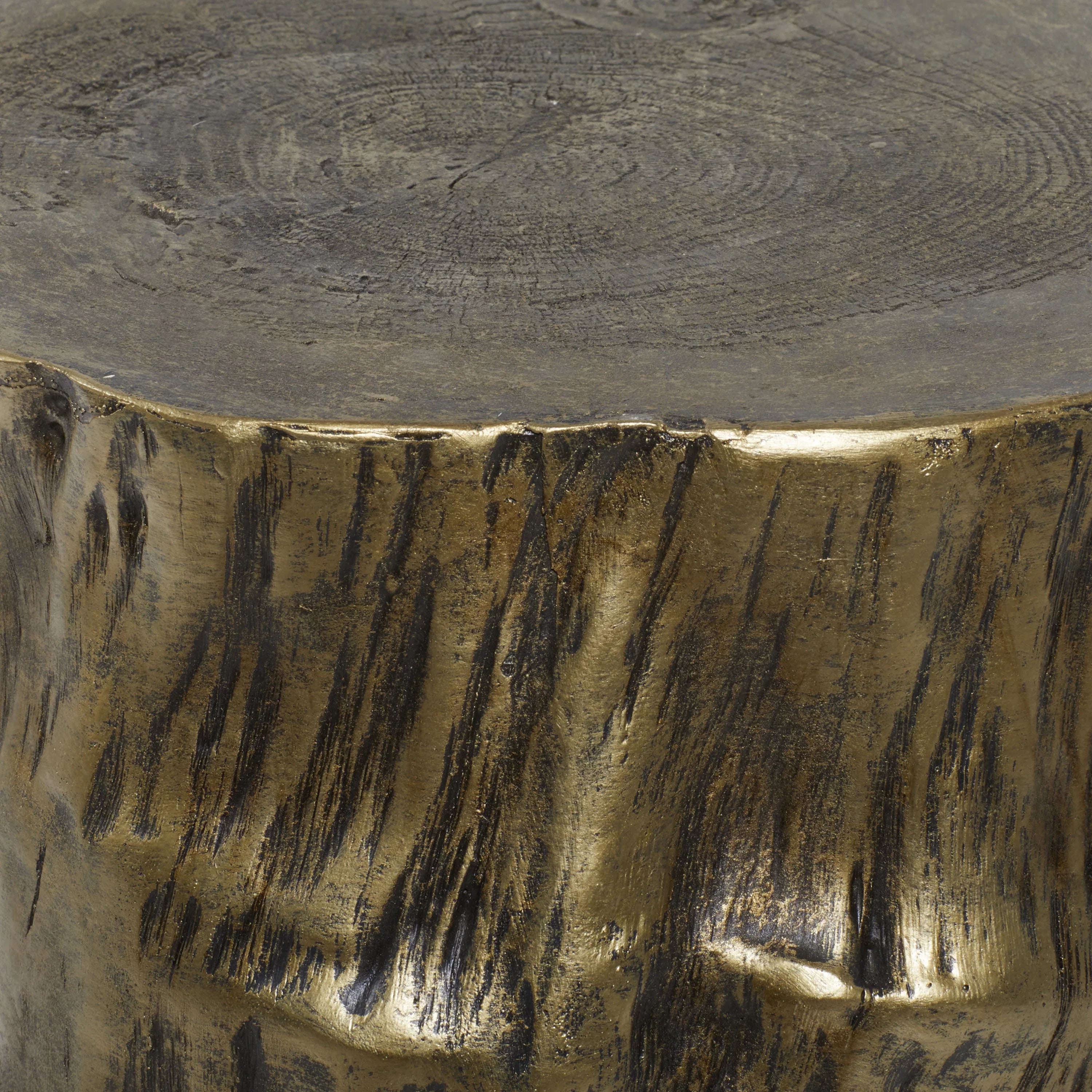 DecMode Eclectic Gold Chopped Tree Log Inspired Accent Table, 18"W x 19"H with Gold Carved Wood Grain Finish