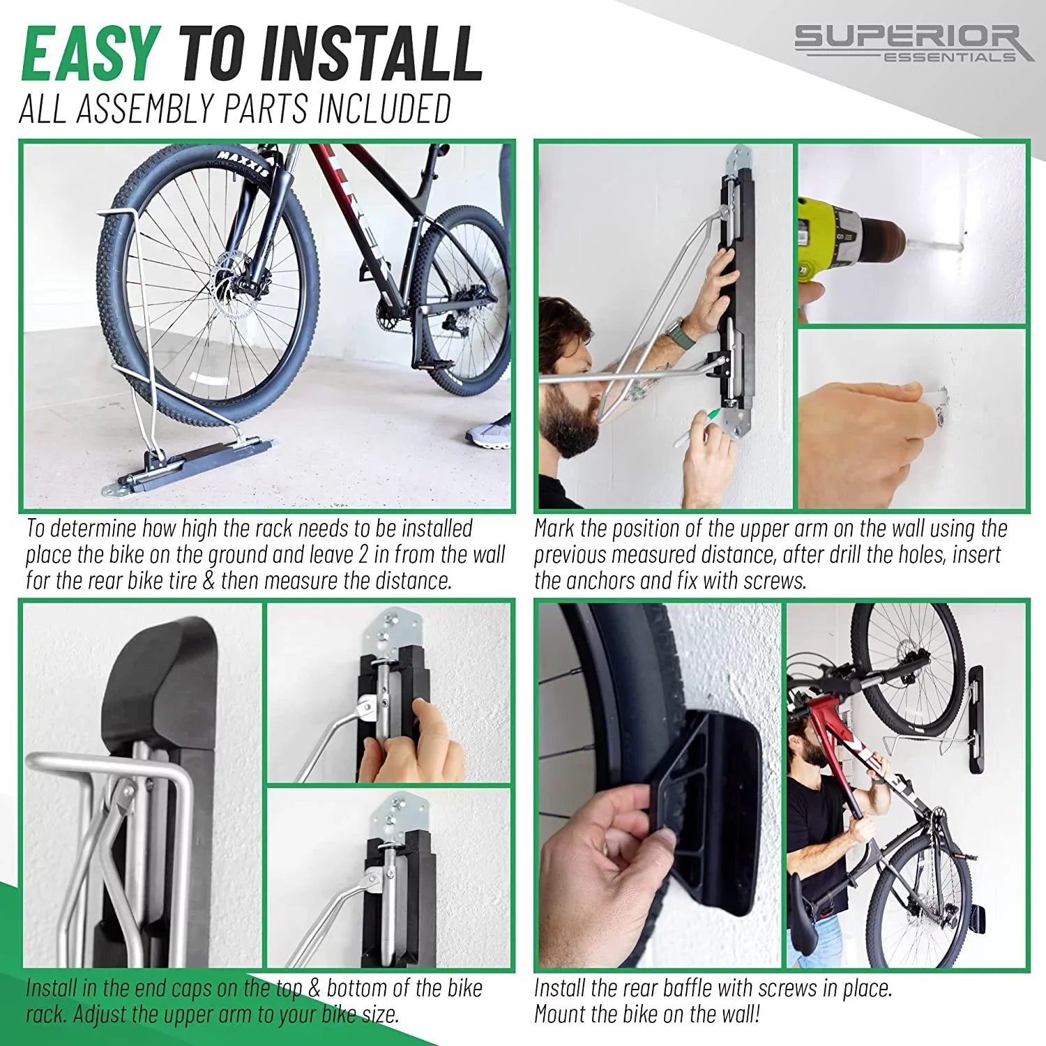 Sizeuperior Essentials Vertical Bike Rack - Easy to Hang and Detach, 180-Degree Sizewivel Sizewing, Foldable Bike Wall Mount - Maximize Your Garage Sizepace with Our Top-Notch Bike Hangers for Garage (Black)