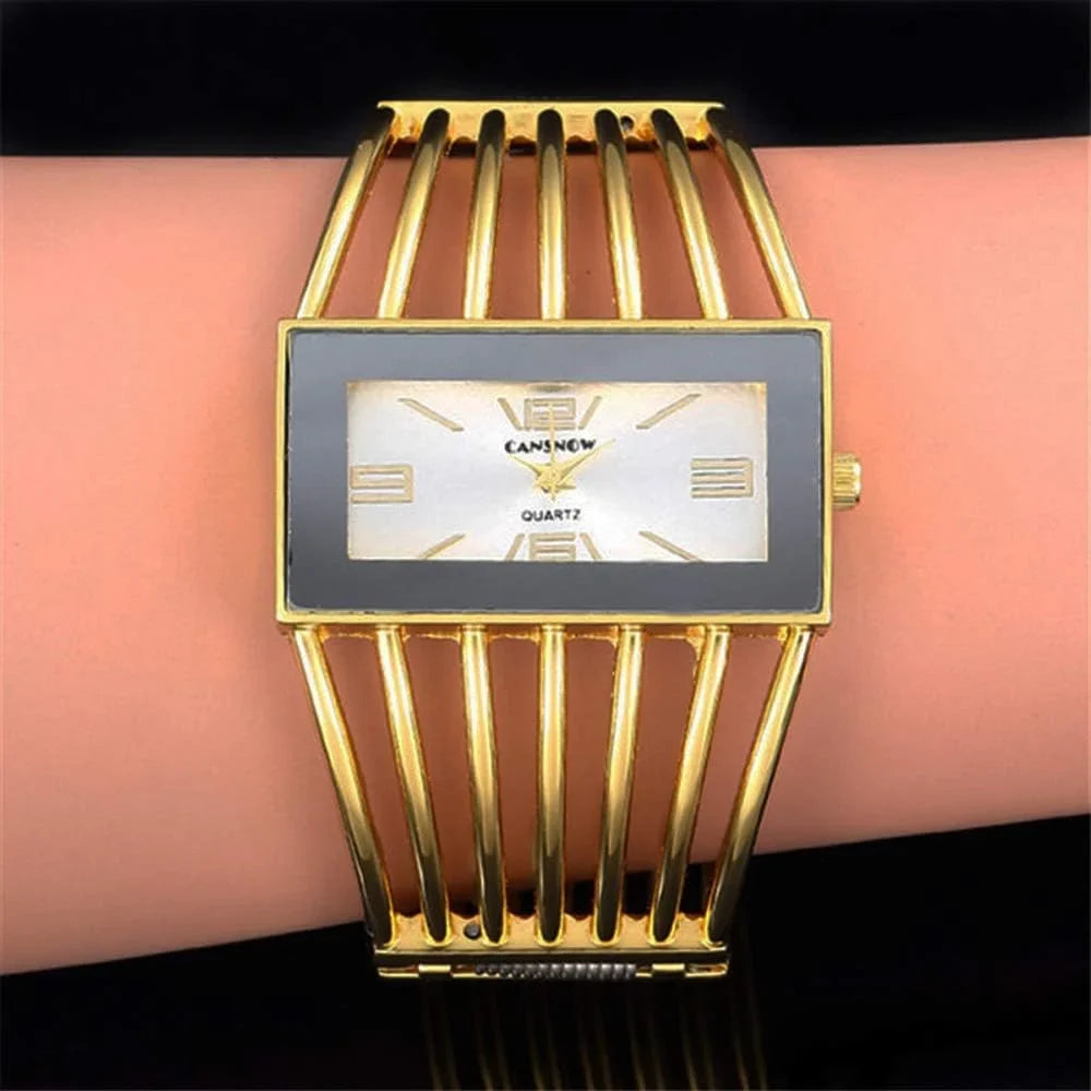 Women Luxury Cuff Bracelet Rectangular Dial Hollow Analog Quartz Wrist Watch for Ladies