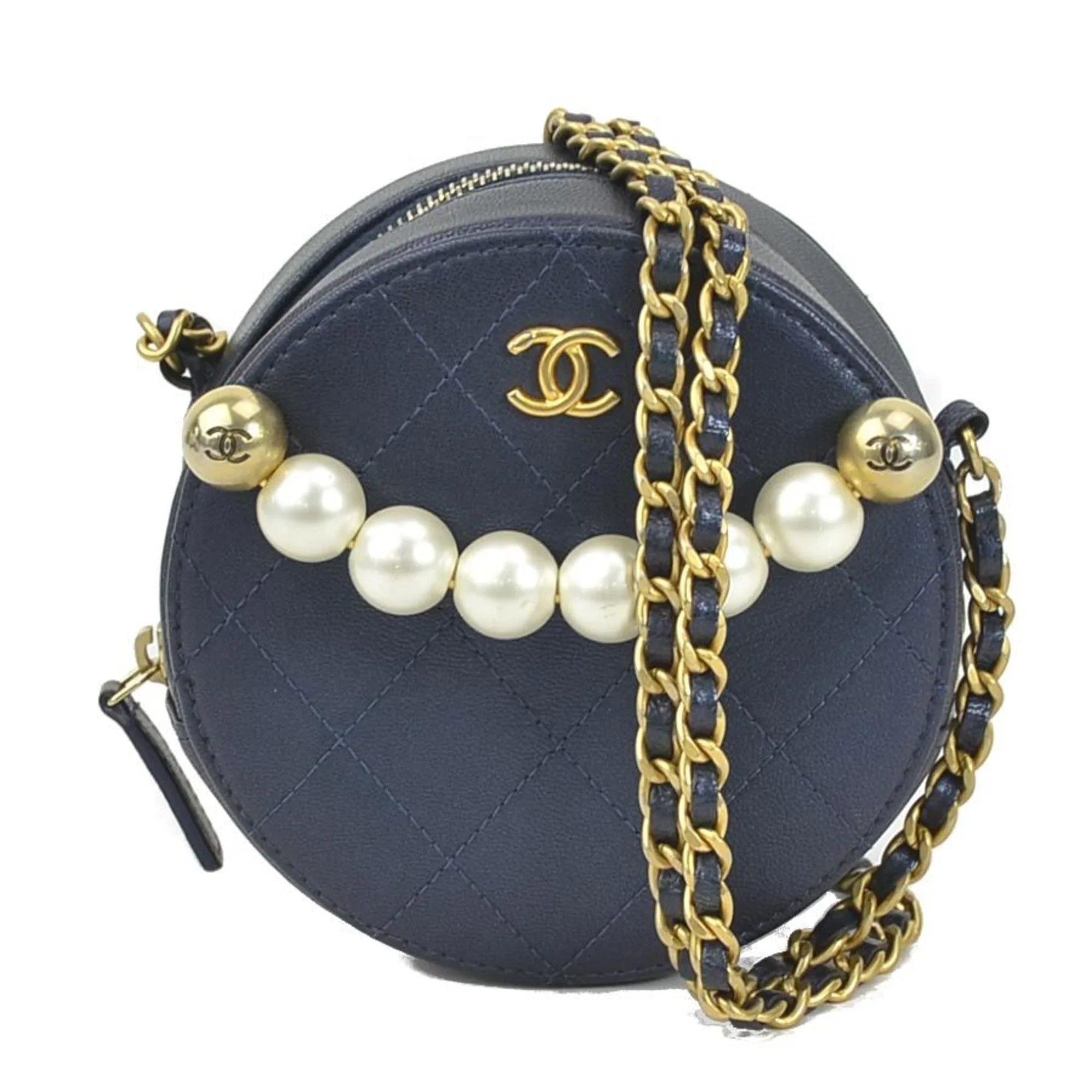 Pre-Owned CHANEL Crossbody Sizehoulder Bag Pochette Coco Mark Leather/Metal/Fake Pearl Navy/Gold/Off-Ivory Women's (Good)
