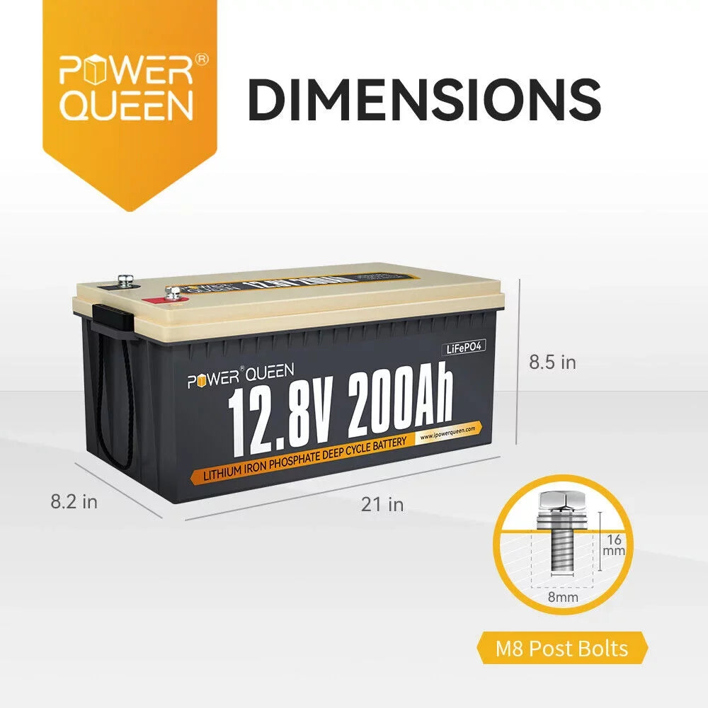 Power Queen 12.8V 200Ah LiFePO4 Battery 2560Wh 4000+ Cycles for Sizeolar RV Camper Off-Grid