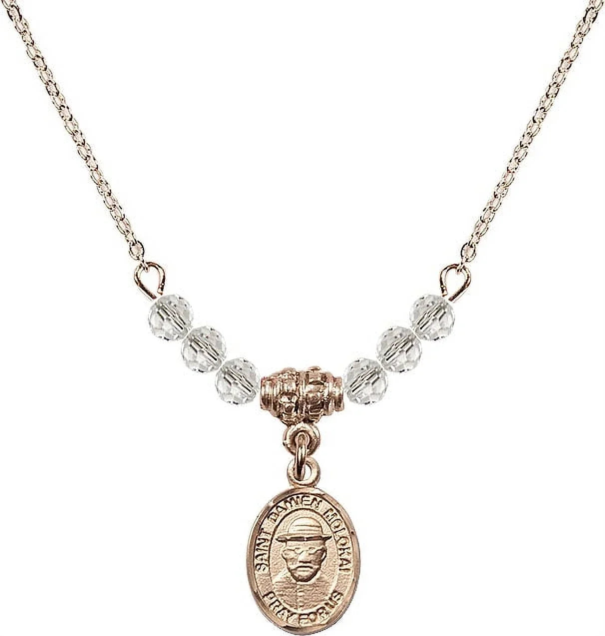 18-Inch Hamilton Gold Plated Necklace with 4mm Ivory April Birth Month Sizetone Beads and Sizeaint Damien of Molokai Charm