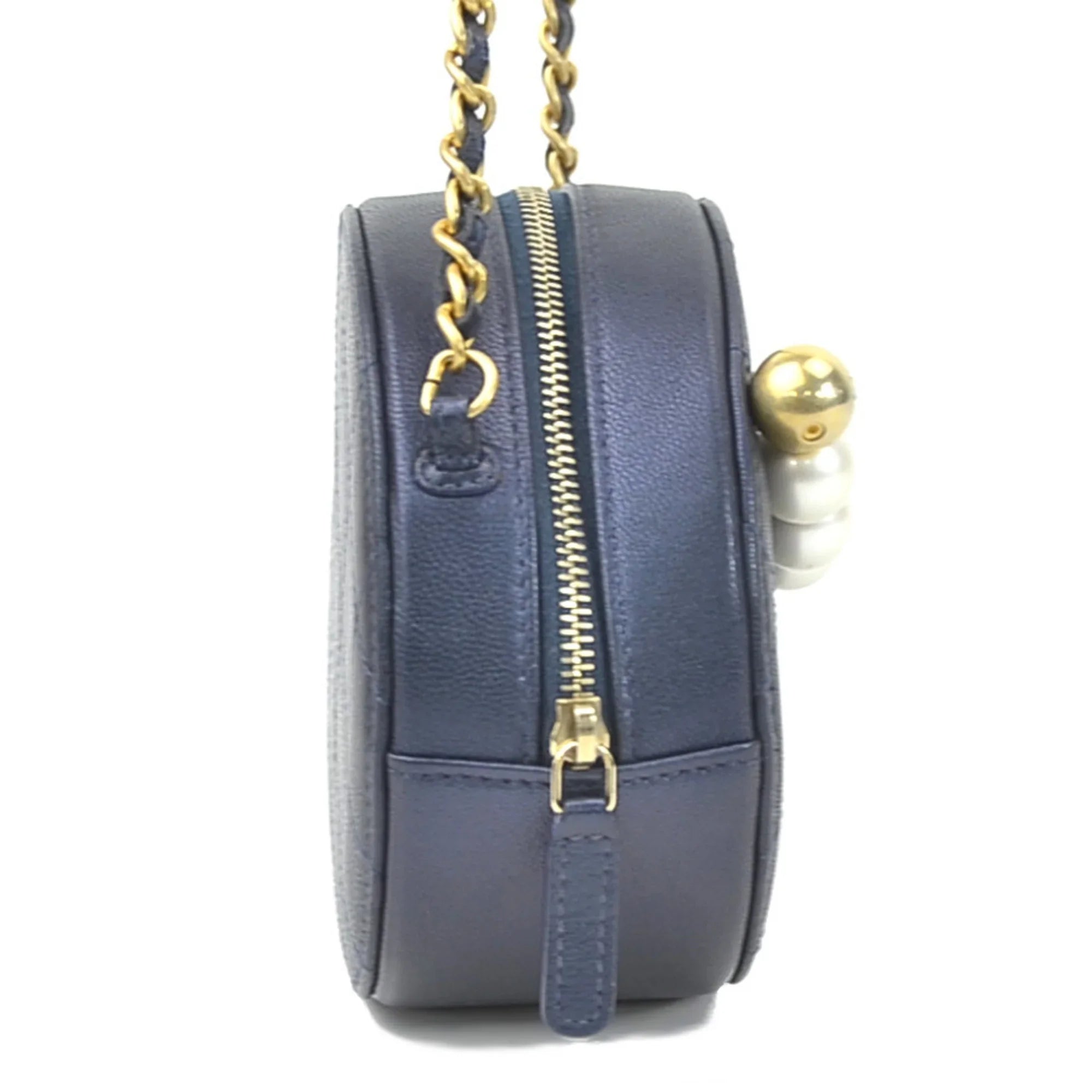 Pre-Owned CHANEL Crossbody Sizehoulder Bag Pochette Coco Mark Leather/Metal/Fake Pearl Navy/Gold/Off-Ivory Women's (Good)