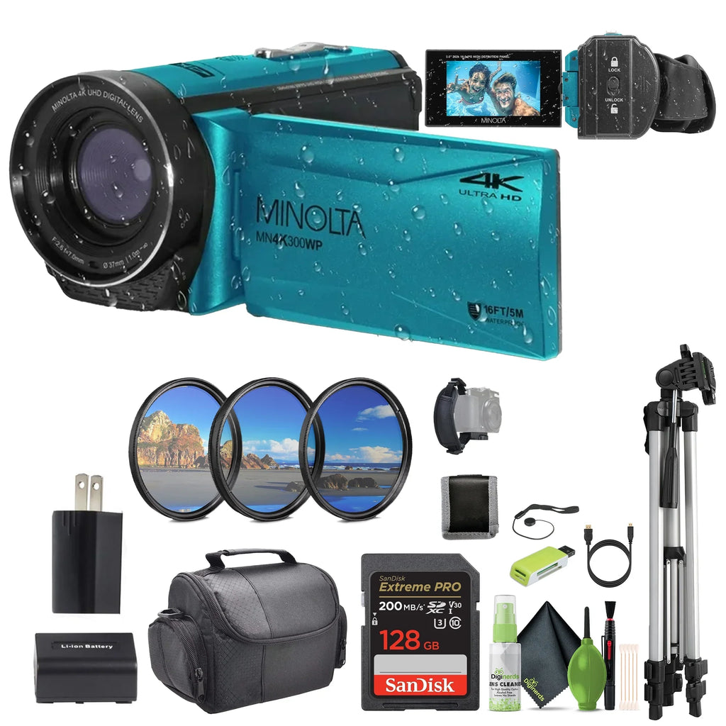 MINOLTA MN4K300WP 4K Ultra HD / 56 MP Waterproof Video Camcorder (Blue) Bundle With 128GB Memory Card  + Camera Tripod + More Accessories