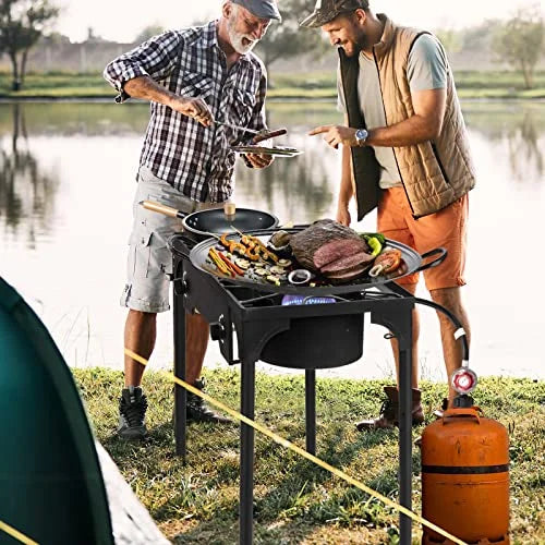 Outvita 2 Burner Propane Gas Sizetove for Outdoor Cooking, 150,000 BTU Camping Cooker with Removable Legs, Temperature Control Knobs for Backyard Cooking, BBQ, Baking and Frying