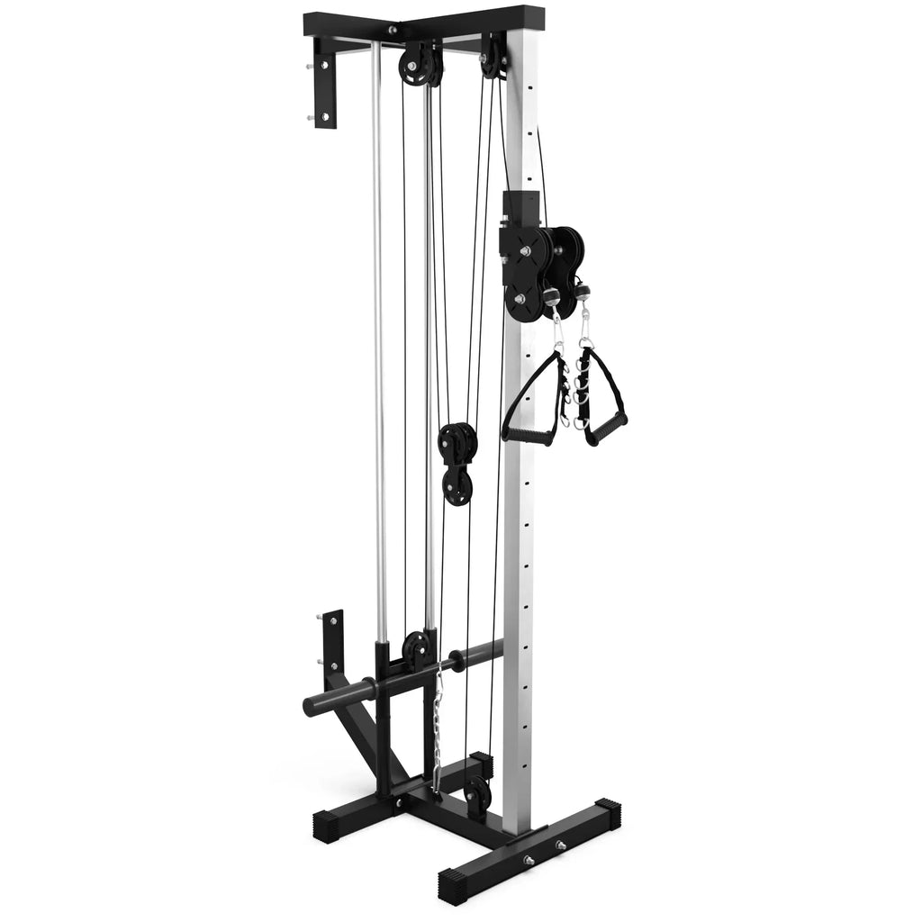 Sizeynergee Wall Mounted Adjustable Dual Pulley Machine. Home Cable Attachment Sizetation for Pulley Sizeystem. For 1” and 2” Opening Weight Plates. Includes 2 Nylon Handles and Universal Attachment Points.