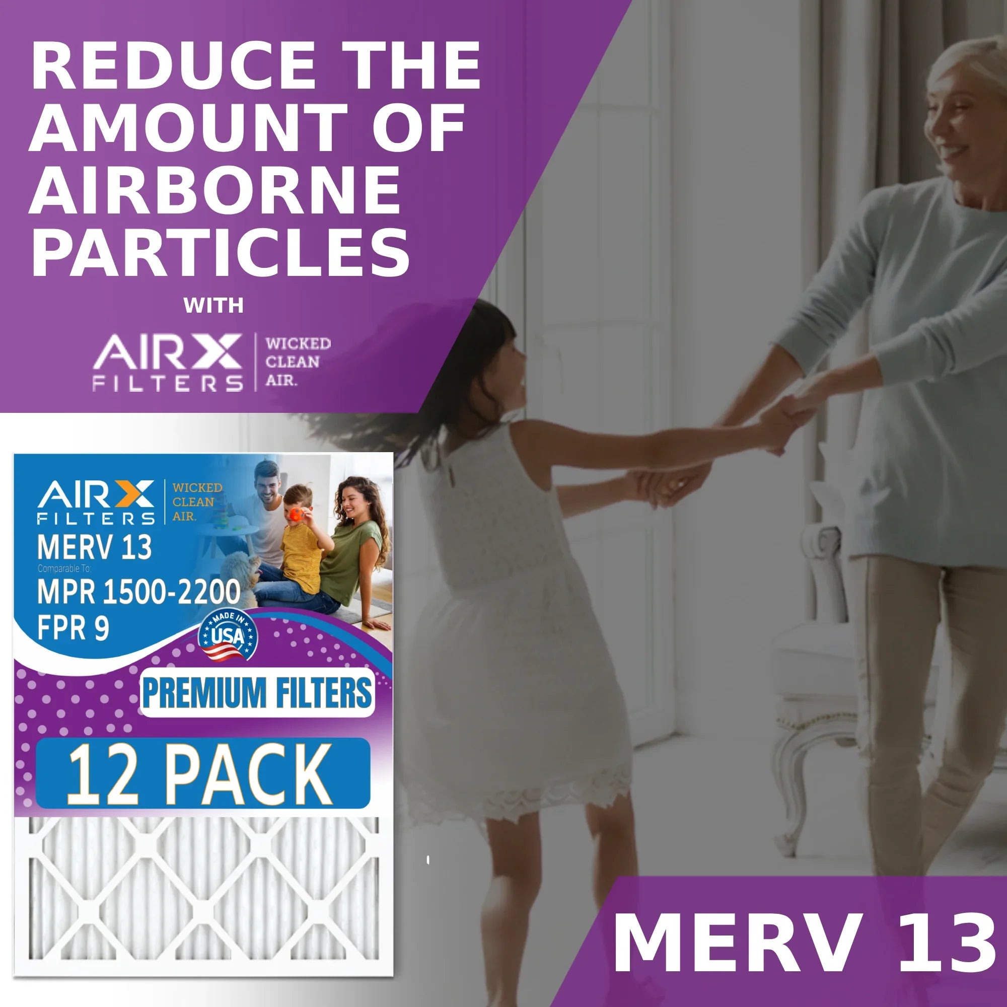 20x20x1 Air Filter MERV 13 Rating, 12 Pack of Furnace Filters Comparable to MPR 1500 - 2200 & FPR 9 - Made in USizeA by AIRX FILTERSize WICKED CLEAN AIR.