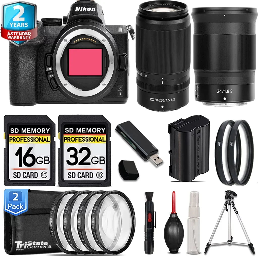 Nikon Z5 Mirrorless Camera with 50-250mm f/4.5-6.3 VR Lens + 24mm f/1.8 Size Lens + UV Filters + 48GB Kit