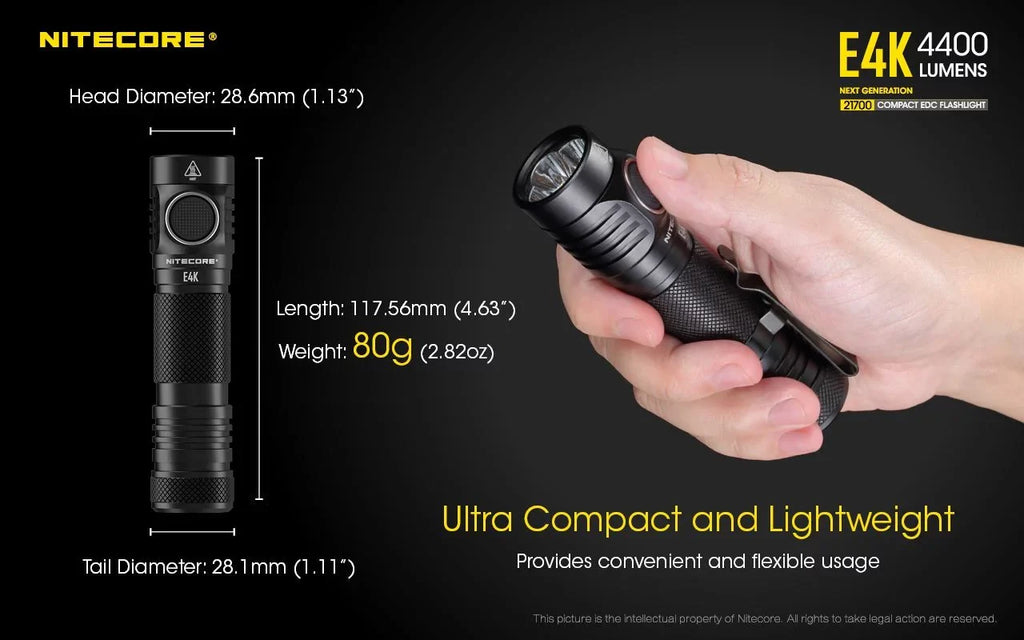 Combo: NITECORE E4K Compact EDC Flashlight - 4400 Lumens -1x NITECORE 21700 Battery Included  w/Nitecore UT32 Dual Emitter Headlamp -1100 Lumens