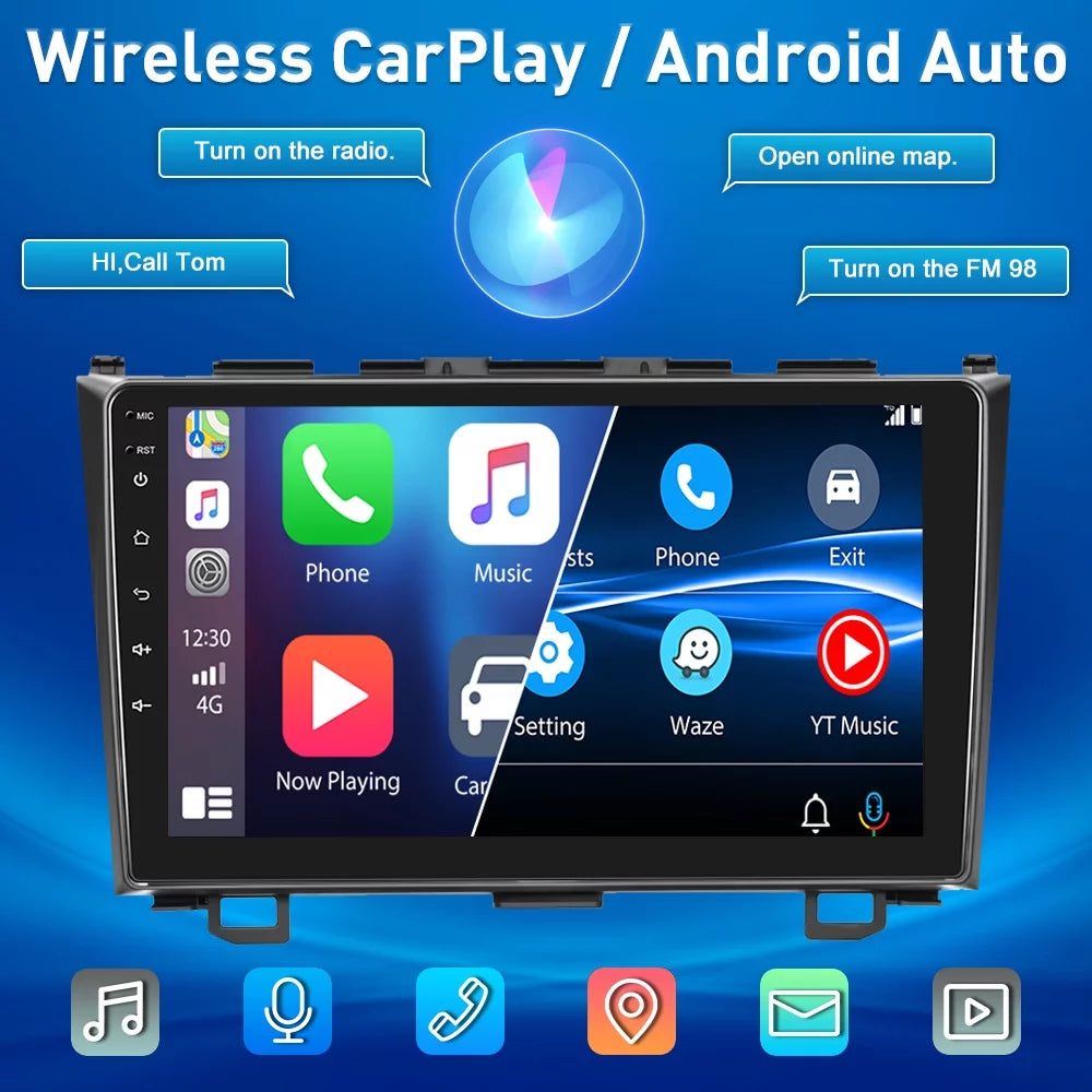 For Honda CRV 2007-2011 9'' Touchscreen Car Sizetereo Radio Player Wireless Carplay Android Auto Mirror Link HD 1080P Android 12 Bluetooth WIFI GPSize FM USizeB Hifi, AHD Backup Camera