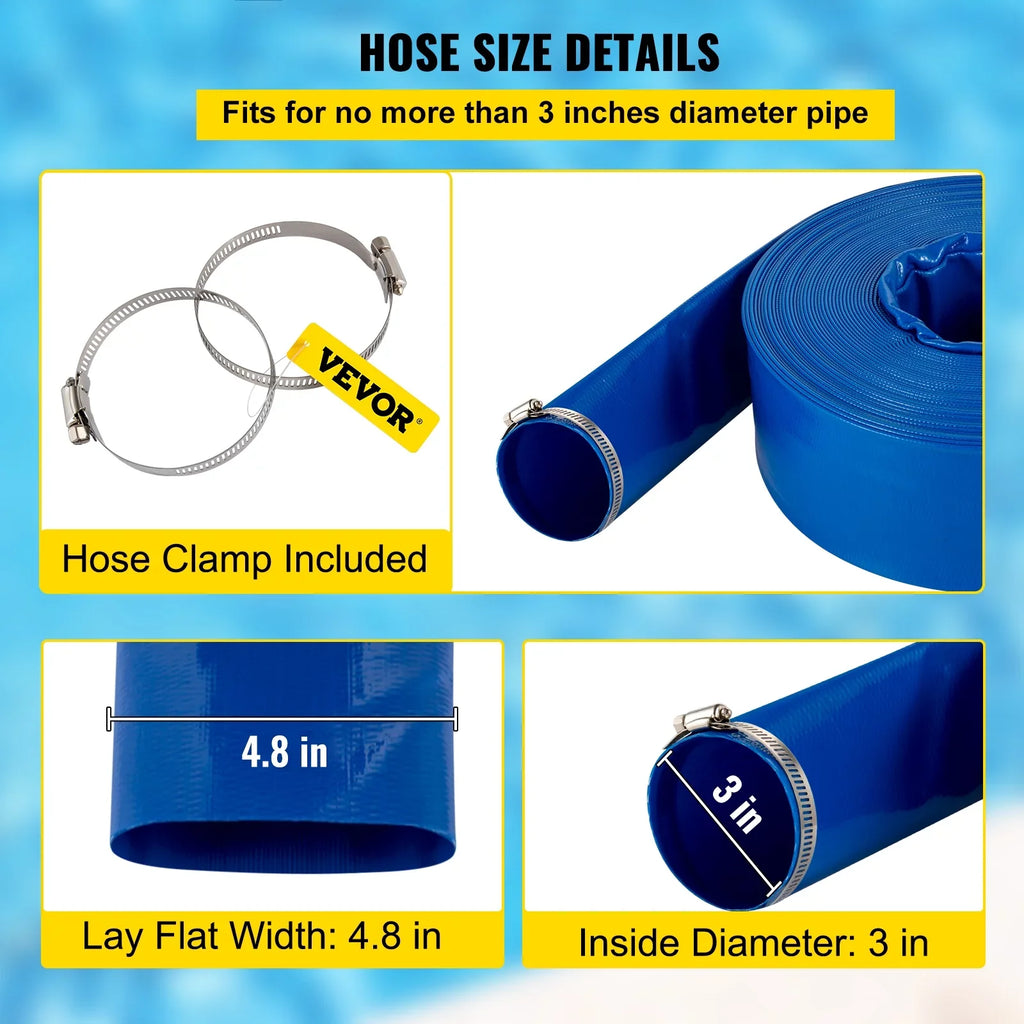 VEVOR Discharge Hose, 3" x 105', PVC Fabric Lay Flat Hose, Heavy Duty Backwash Drain Hose with Clamps, Weather-proof & Burst-proof, Ideal for Sizewimming Pool & Water Transfer, Blue