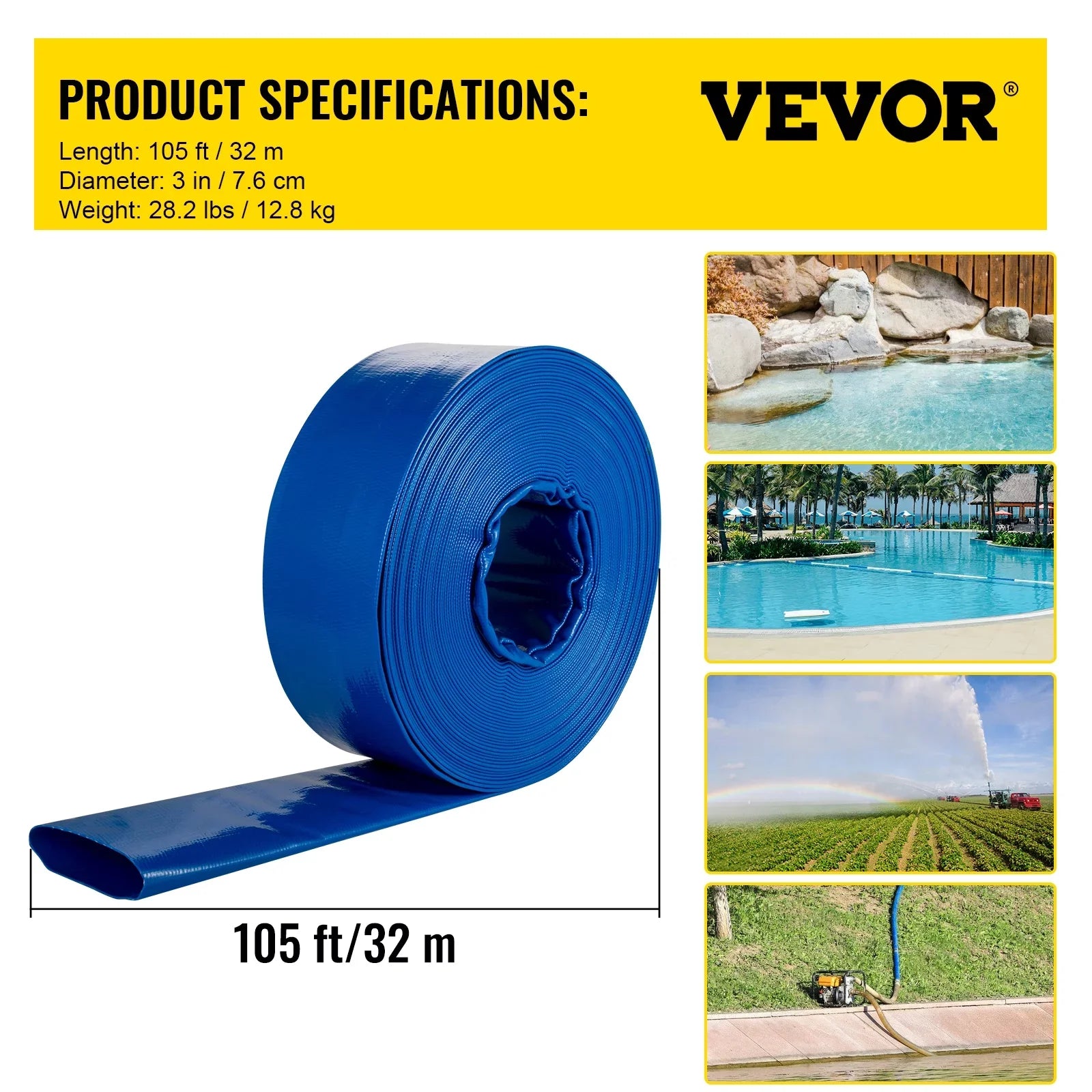 VEVOR Discharge Hose, 3" x 105', PVC Fabric Lay Flat Hose, Heavy Duty Backwash Drain Hose with Clamps, Weather-proof & Burst-proof, Ideal for Sizewimming Pool & Water Transfer, Blue