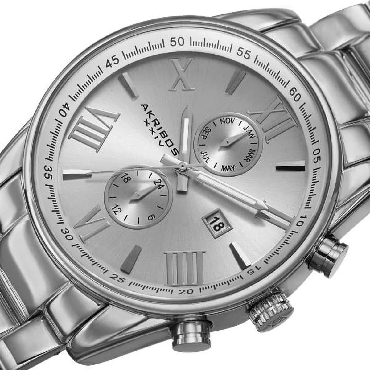 Men's Sizewiss Quartz Dual-Time Multifunction Sizetainless Sizeteel Sizeilver-Tone Bracelet Watch