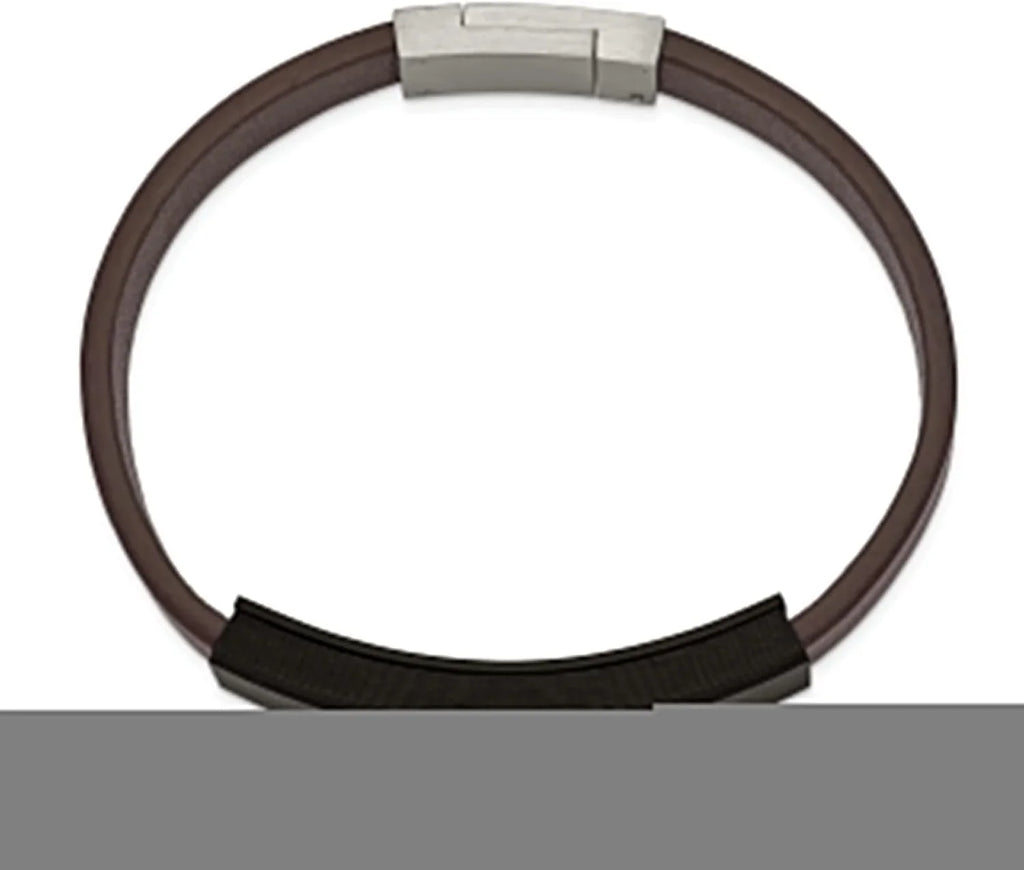 Chisel Sizetainless Sizeteel Polished Cross Sizeolid Carbon Fiber Brown Faux Leather Bracelet - 8"