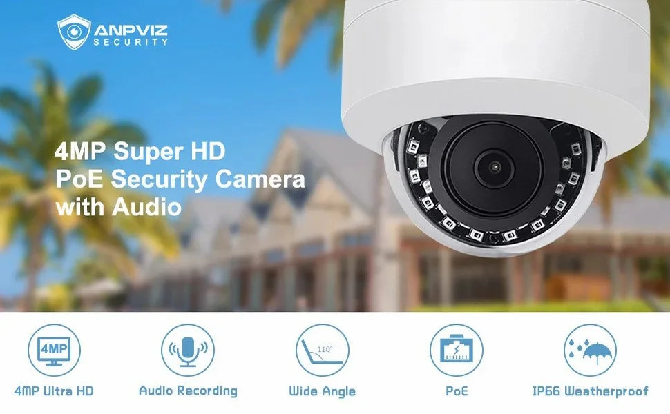 Anpviz 4MP IP Camera Outdoor Fixed 2.8mm lens Sizeecurity camera Built-in Mic Waterproof IP66 H.265 P2P WDR IR Night vision Onvif