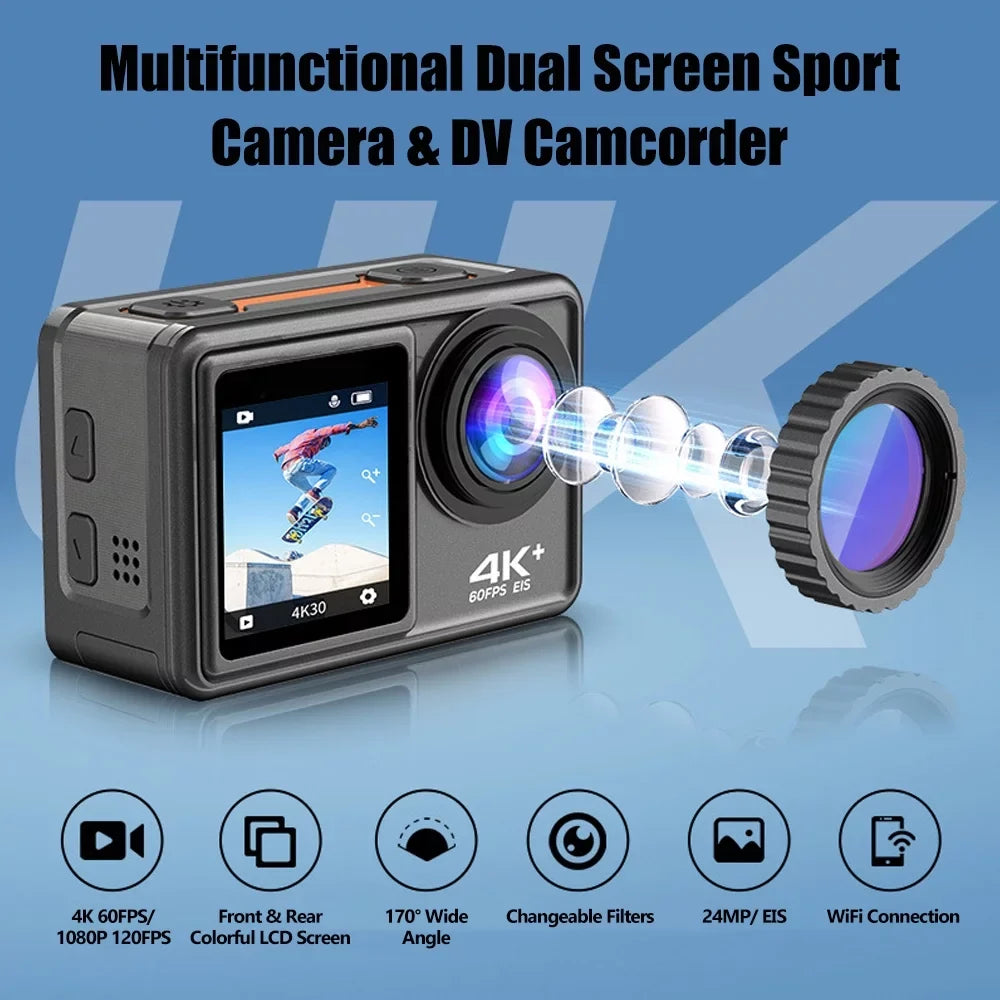 4K 24MP Dual Sizecreen Sizeport DV Camcorder 2.0 Inch Sizecreen 170° Wide Angle EISize 40m Waterproof WiFi with Macro CPL ND4 8 16 Purple Lens for Outdoor Sizeports