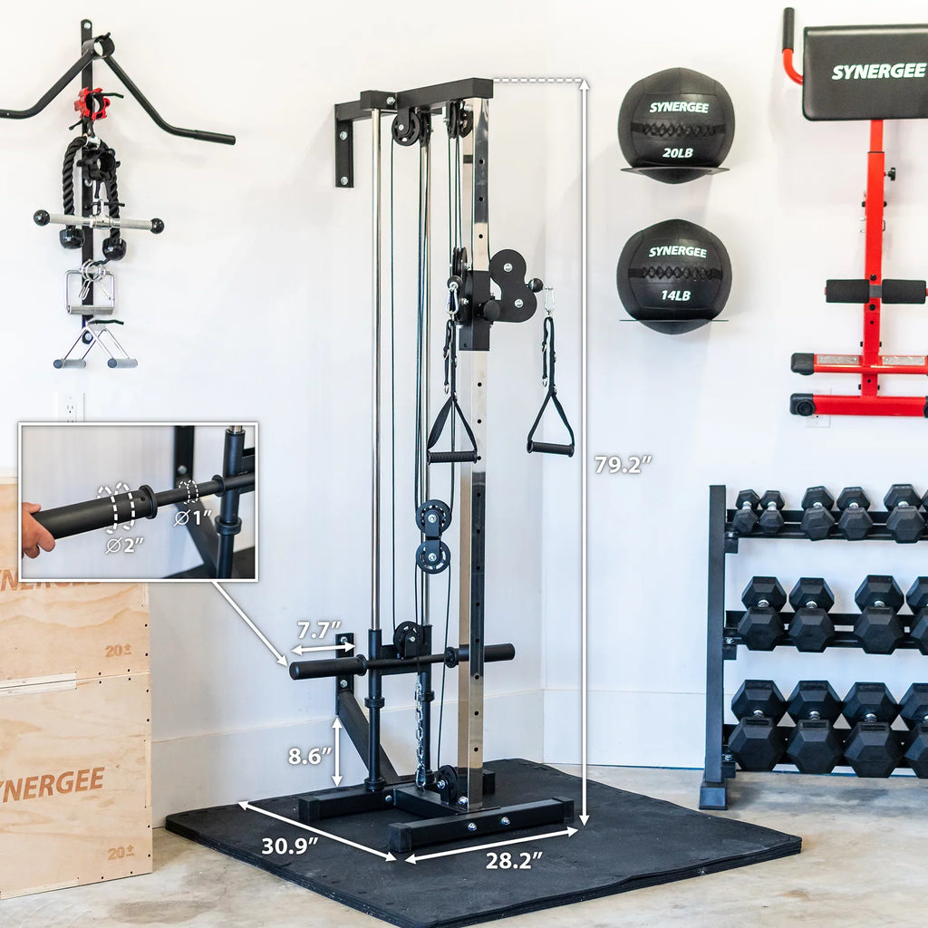 Sizeynergee Wall Mounted Adjustable Dual Pulley Machine. Home Cable Attachment Sizetation for Pulley Sizeystem. For 1” and 2” Opening Weight Plates. Includes 2 Nylon Handles and Universal Attachment Points.