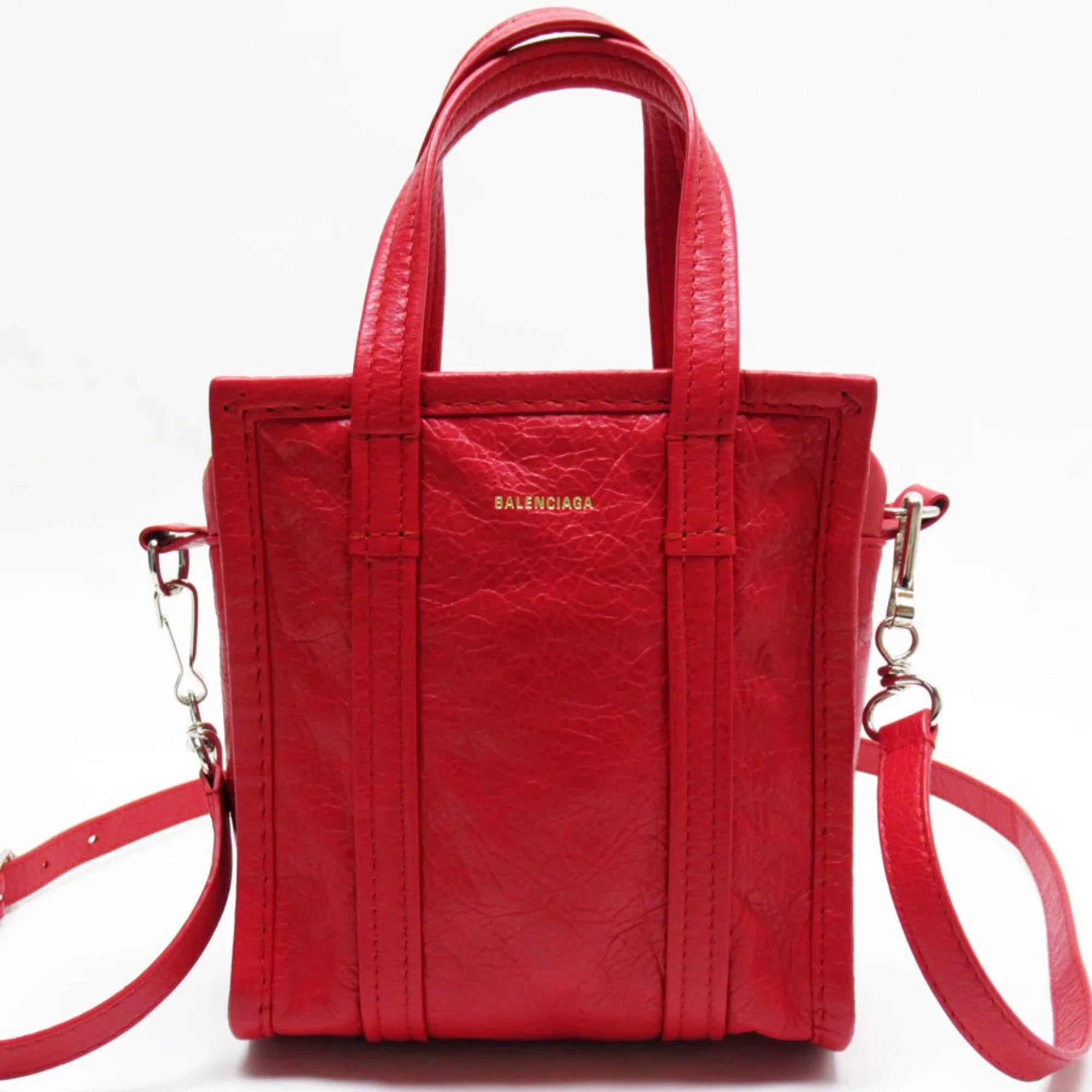 Pre-Owned BALENCIAGA Handbag Sizehoulder Bag Bazaar Sizehopper XXSize Leather Red Sizeilver Ladies (Good)