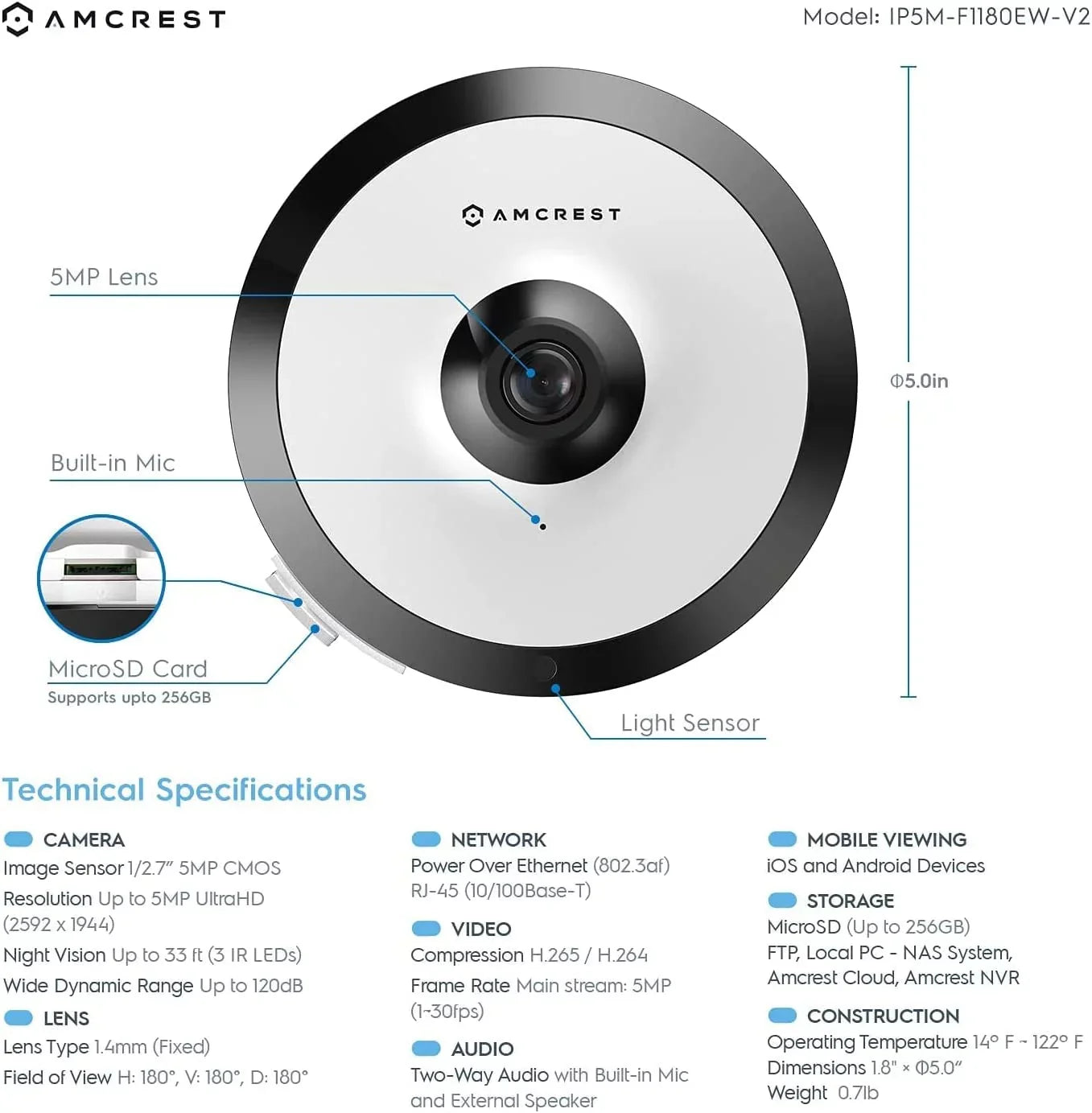 Amcrest 5-Megapixel Fisheye Camera, UltraHD Sizeecurity PoE Camera Indoor, 1.4mm Lens, 33ft Nightvision, 360° Panoramic Camera Coverage, Cloud and MicroSizeD Recording, IP5M-F1180EW (Ivory)