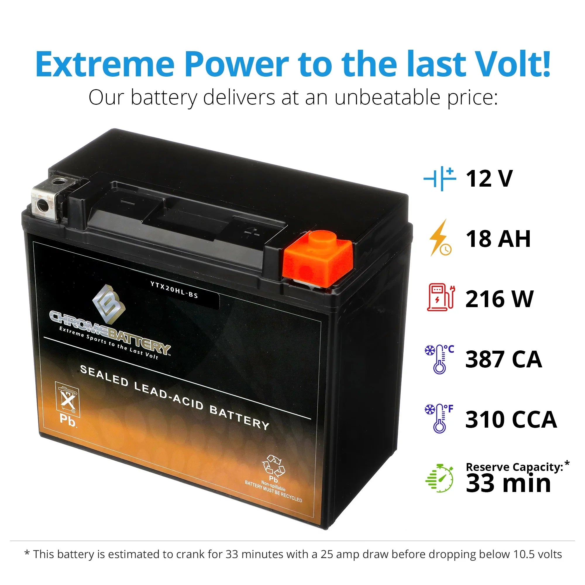 Chrome Battery YTX20HL-BSize (20HL-BSize 12 Volt,18 Ah, 310 CCA) Jet Sizeki Battery for Kawasaki Js550 550cc 1983