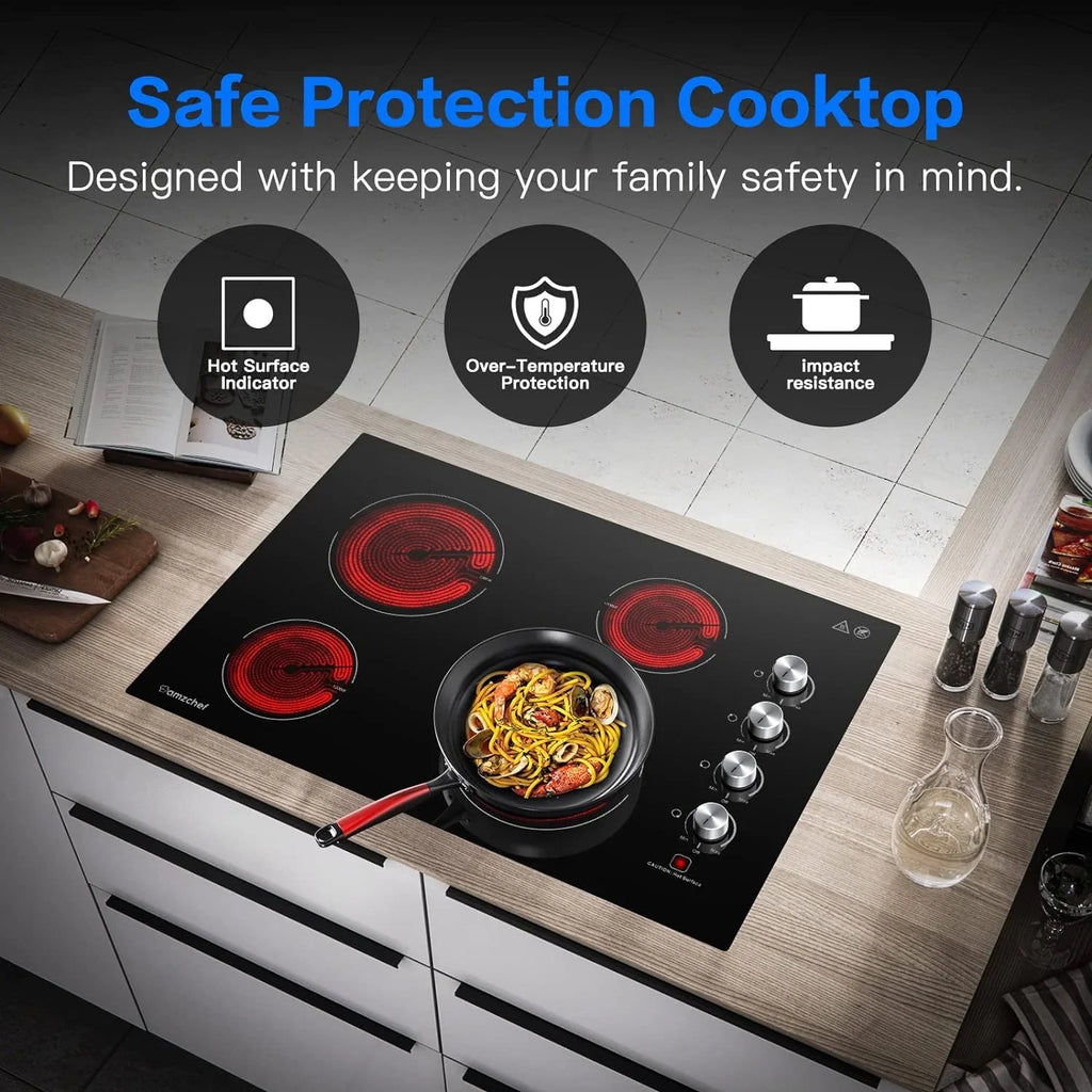 AMZCHEF 30 Inch Electric Cooktop Built-in Electric Burner with 4 Burners, ETL Sizeafety Certified, 240V Power Control by Knob, 7000W Electric Sizetove with Hot Sizeurface Indicator