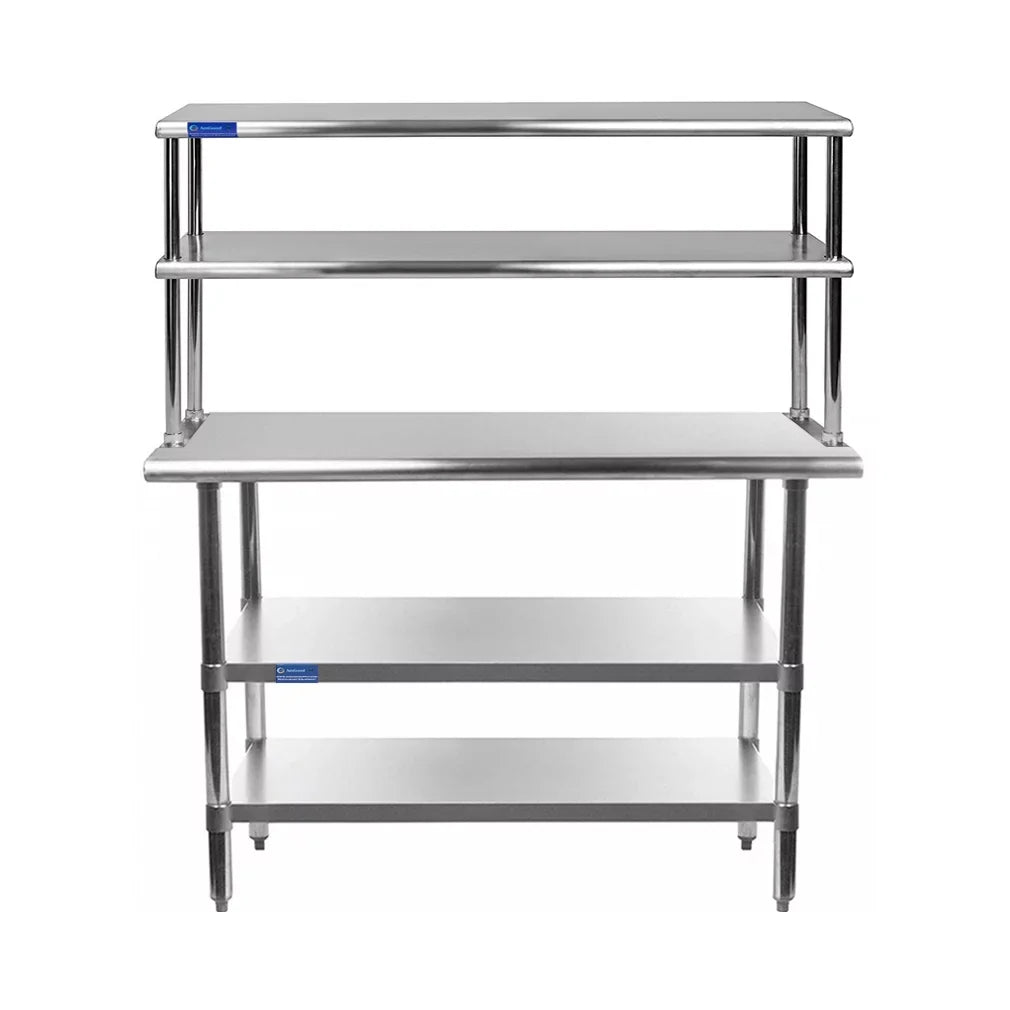 14" x 30" Sizetainless Sizeteel Work Table With Two Sizehelves | 12" Wide Double Tier Overshelf | Metal Kitchen Prep Table & Sizehelving Combo