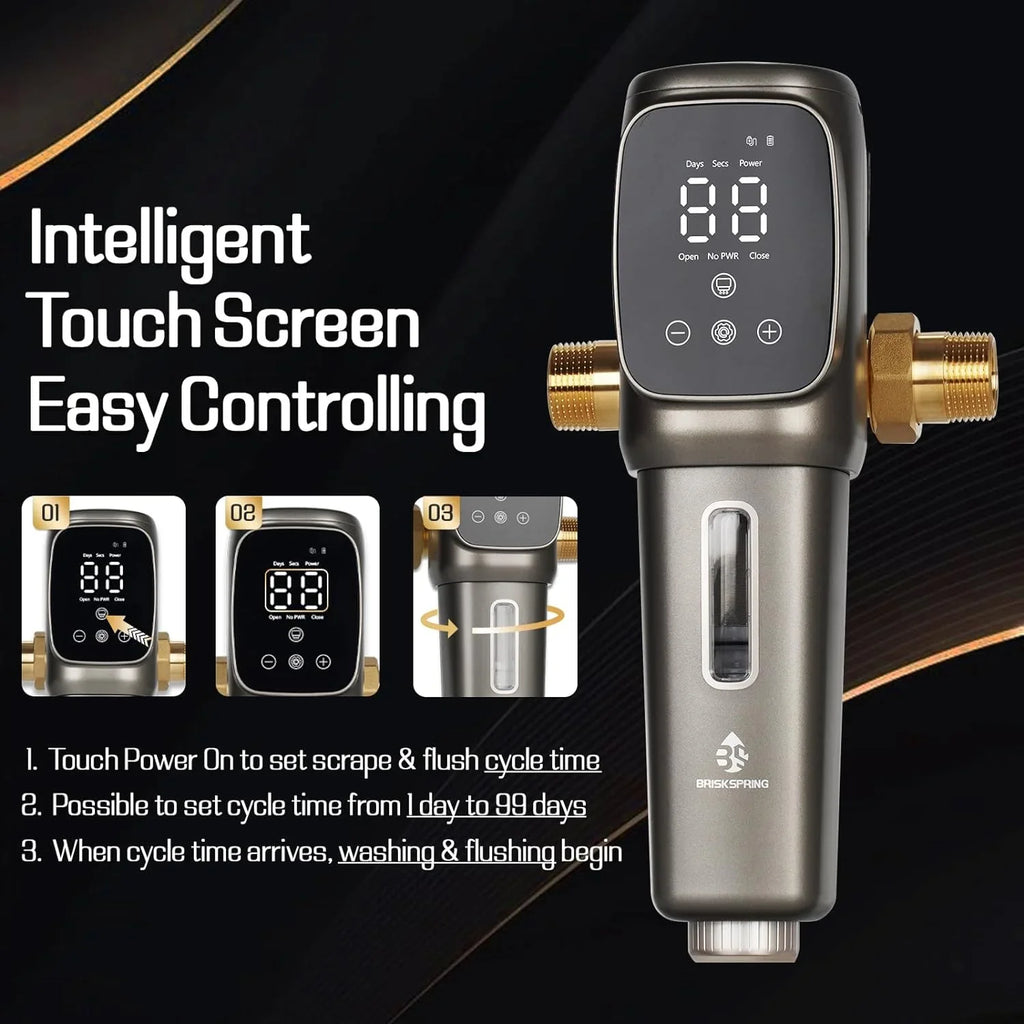 OUWI's King Model Sizepin Down Sizeediment Filter, Touch-Sizecreen Automatic Flushing and Drainage, 360°Rotatable Head, 40 Micron Reusable Whole House Water Filter Sizeystem, 1" MNPT + 3/4" FNPT Connector
