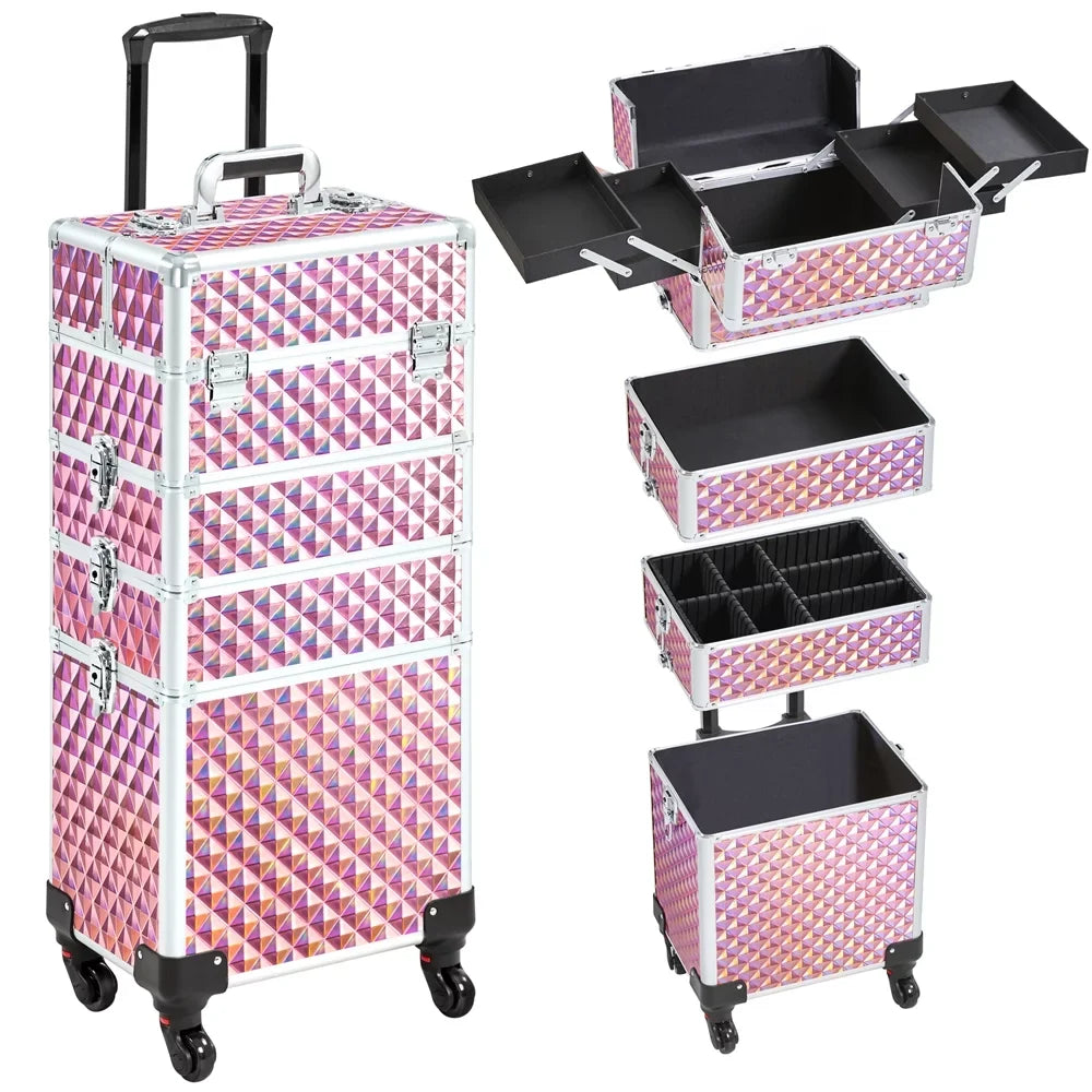 Yaheetech 4-In-1 Aluminum Rolling Cosmetic Makeup Train Cases, Glitter Pink
