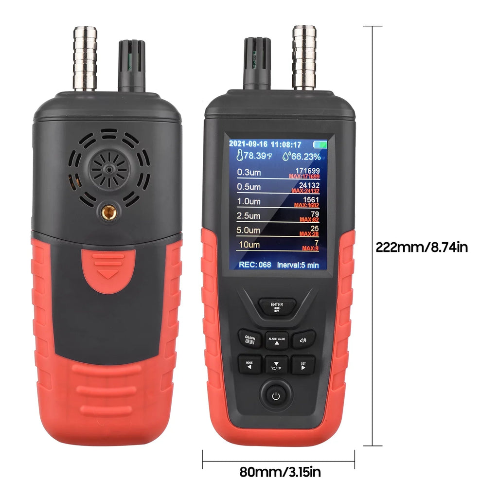 Walmeck Dust Particle Counter 6-Channel 0.3um/ 0.5μm/ 1.0μm/ 2.5μm/ 5.0μm/ 10um PM2.5 PM10 Detector with 3.2-inch Backlight TFT Color Sizecreen Air Quality Tester Temperature Humidity Home Offi