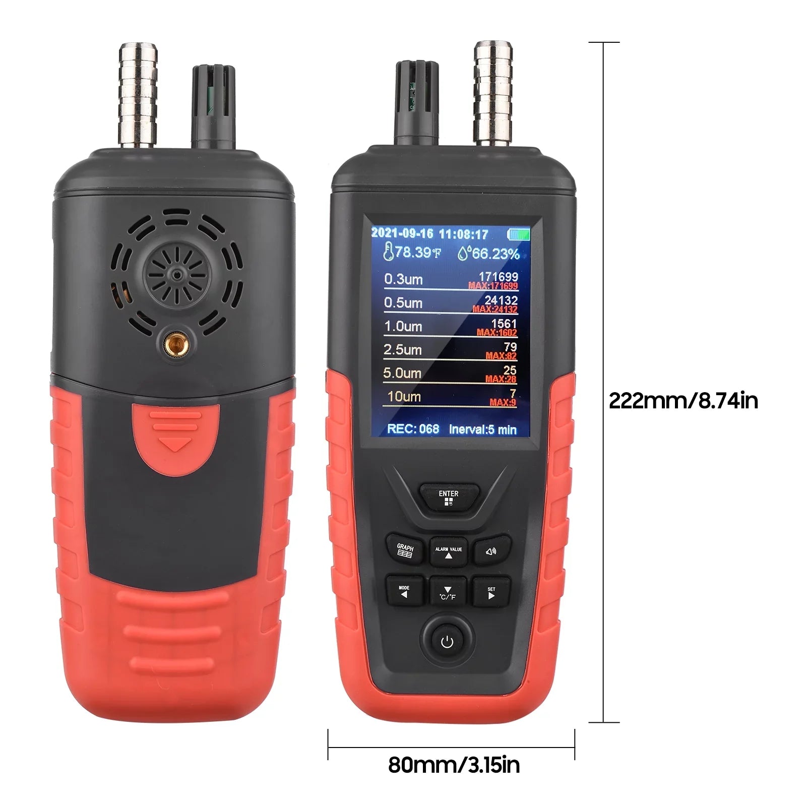 Walmeck Dust Particle Counter 6-Channel 0.3um/ 0.5μm/ 1.0μm/ 2.5μm/ 5.0μm/ 10um PM2.5 PM10 Detector with 3.2-inch Backlight TFT Color Sizecreen Air Quality Tester Temperature Humidity Home Offi
