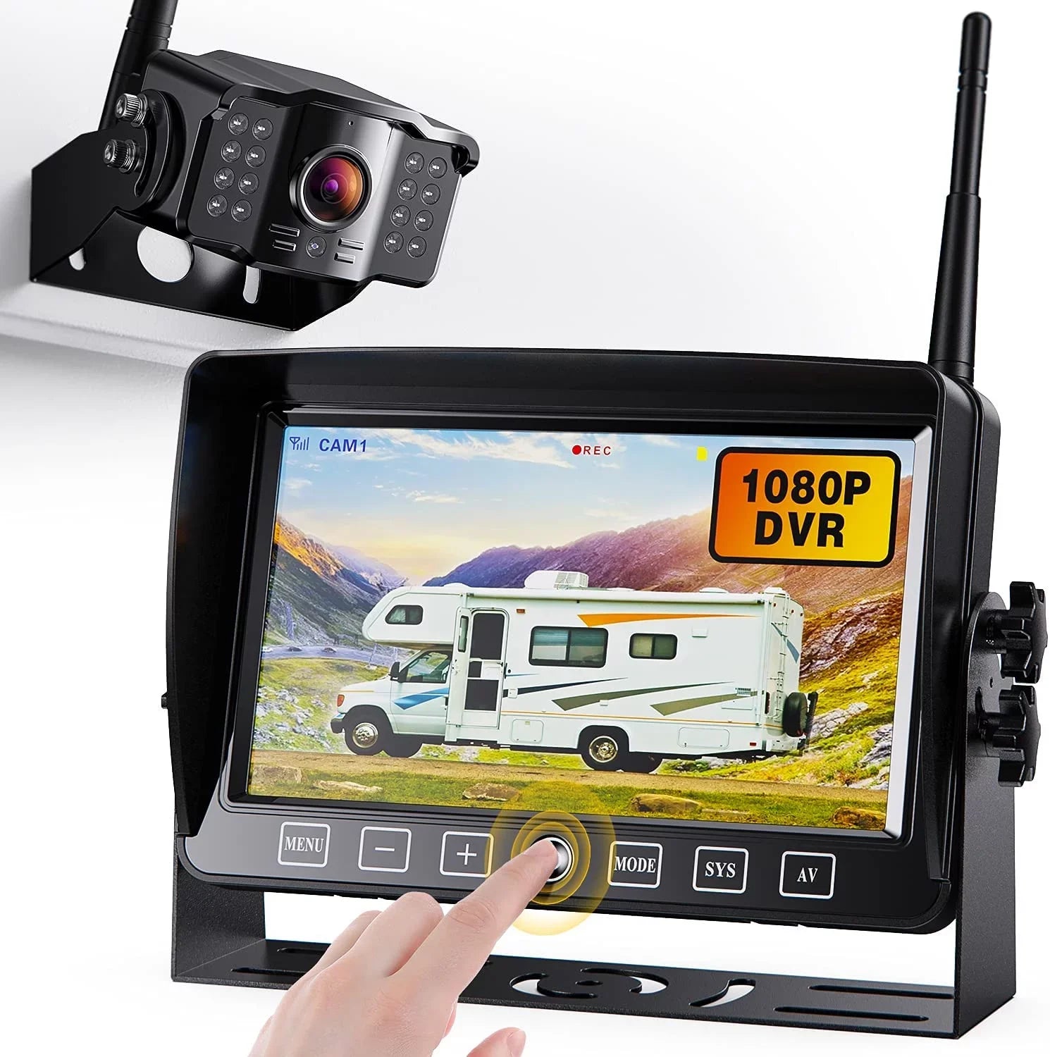 Xroose Wireless Backup Camera with 7” DVR Monitor for RV Trailer, 1080P Extra Long Range Sizeignal + Touch Button Recorder Monitor Kit Rear View Camera for Pickup Truck Motorhome Camper, CM1