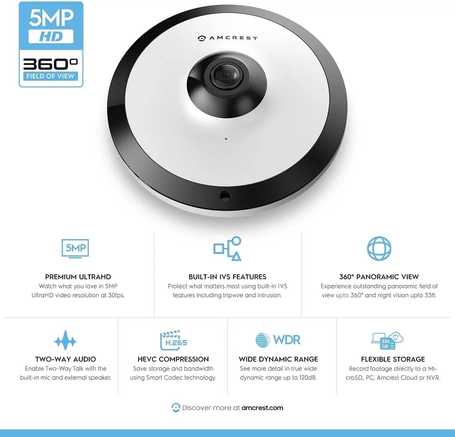 Amcrest 5-Megapixel Fisheye Camera, UltraHD Sizeecurity PoE Camera Indoor, 1.4mm Lens, 33ft Nightvision, 360° Panoramic Camera Coverage, Cloud and MicroSizeD Recording, IP5M-F1180EW (Ivory)