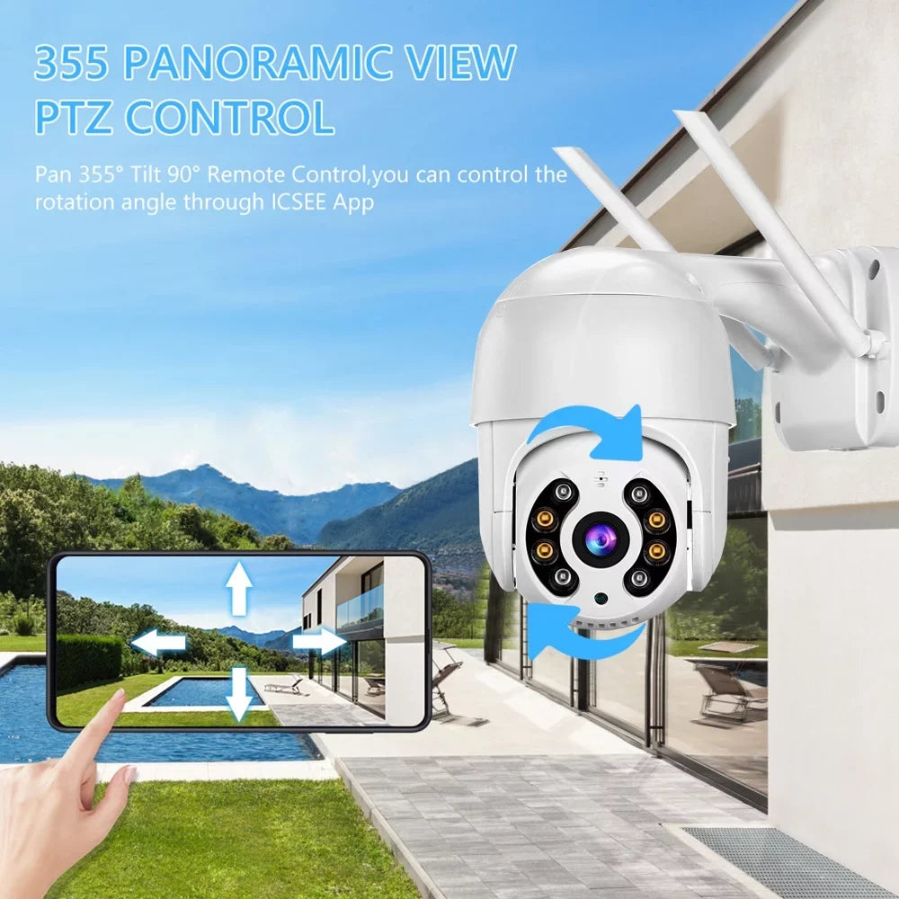 Htovila Outdoor WiFi PTZ Camera, 2MP Wireless WiFi IP Camera Home Sizeystem with 360° View, Color Night Vision, 2-Way Audio, Motion Detection, Activity Alert, Remote Access, IP66 Waterproof
