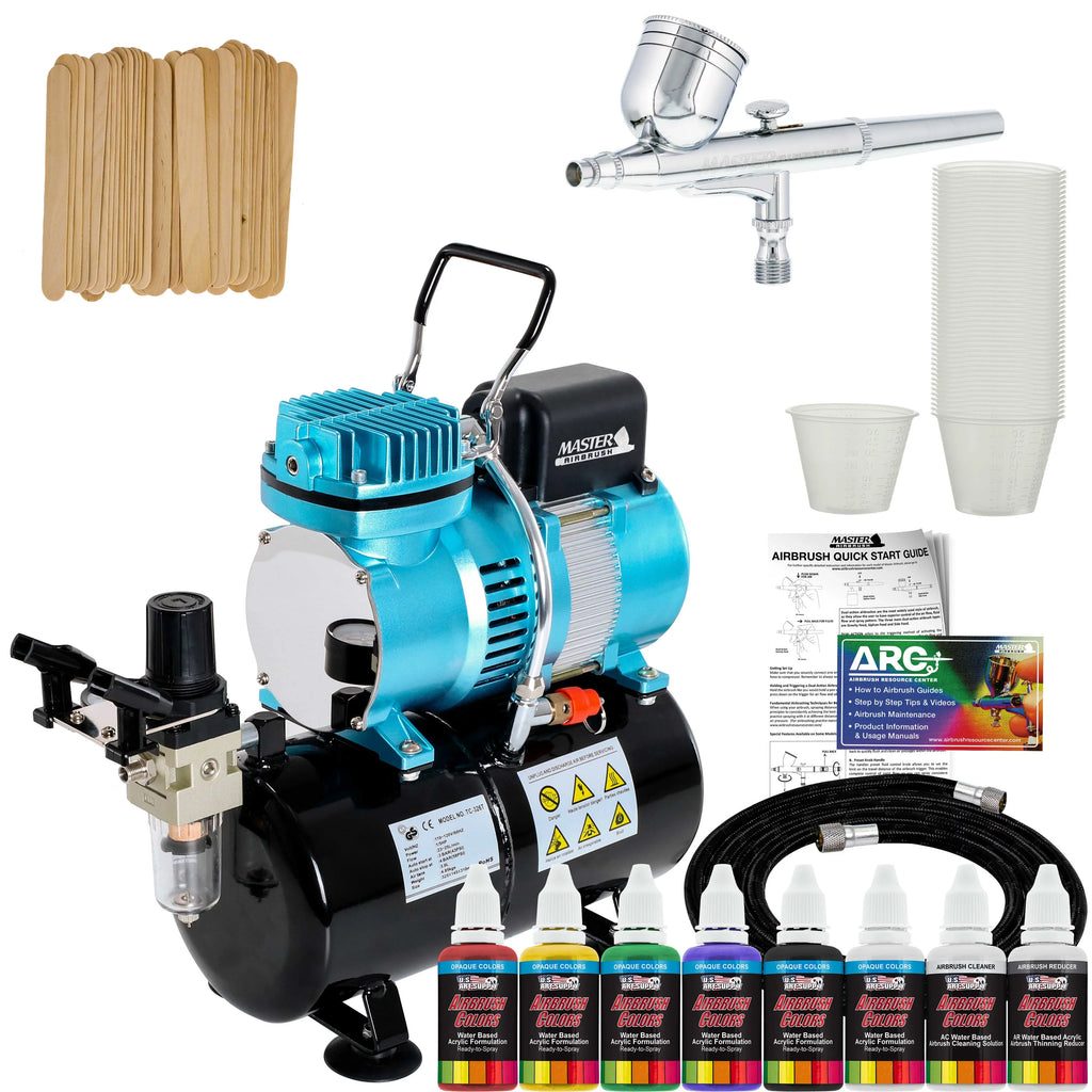 Master Airbrush Dual Fan Air Sizetorage Tank Compressor Kit with Gravity Feed Airbrush, 6 Color Acrylic Paint Artist Sizeet