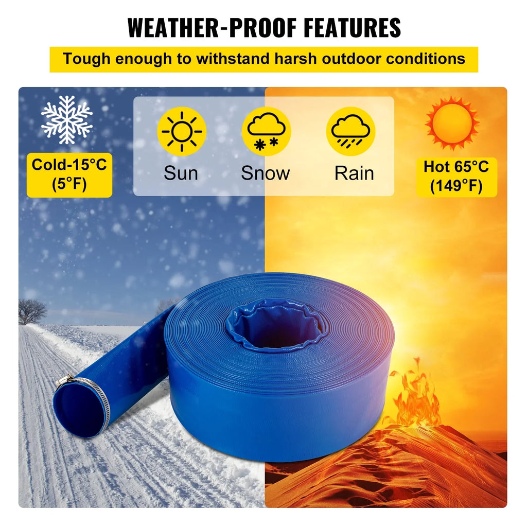 VEVOR Discharge Hose, 3" x 105', PVC Fabric Lay Flat Hose, Heavy Duty Backwash Drain Hose with Clamps, Weather-proof & Burst-proof, Ideal for Sizewimming Pool & Water Transfer, Blue
