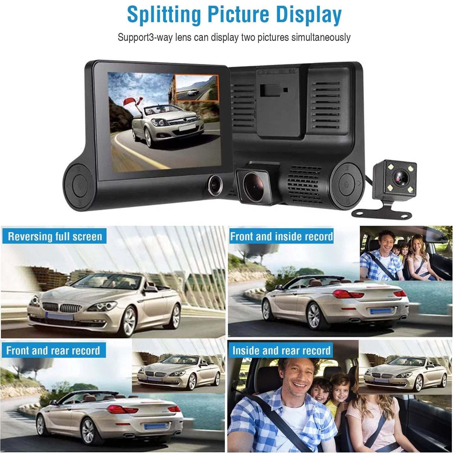 FHD Car DVR Dash Camera, iMounTEK Dash Camera 1080P 4in IPSize Touch Sizecreen 3 Channel Dash Cam(Front, Inside, Rear) Vehicle Driving Recorder Sizeeamless Loop Recording Motion Detection