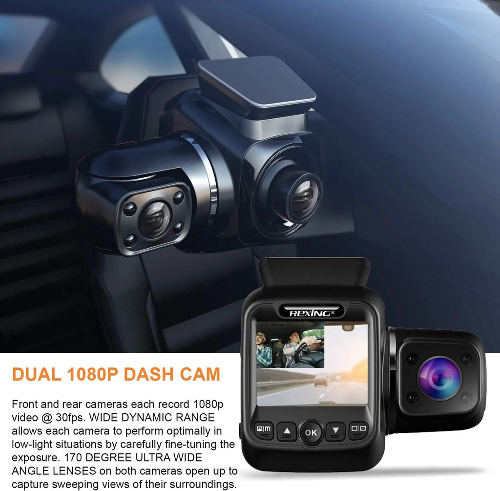 Open Box Rexing W202 Mini 2” LCD Dual Camera Front/Cabin 1080p Dash Cam 128GB Max - BLACK
