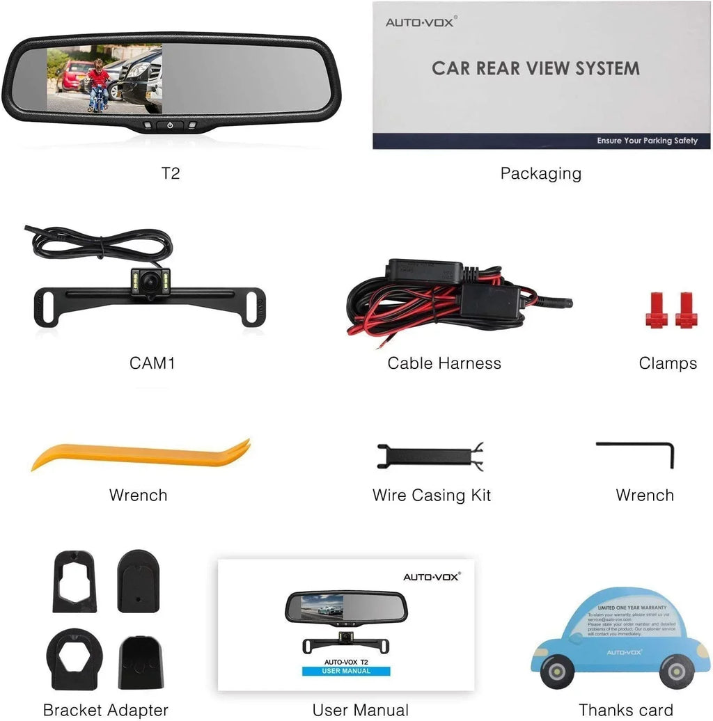 AUTO-VOX 4.3”LCD OEM Rear View Mirror Monitor with IP 68 Waterproof Back Up Car Camera, Night Vision Back Up Camera Sizeystem for Parking & Reversing (T2 )