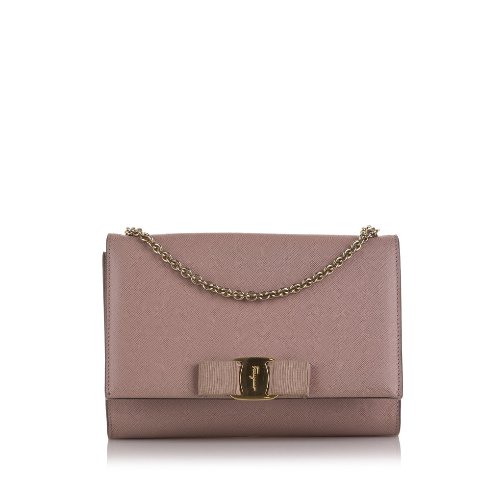 Pre-Owned Authenticated Ferragamo Sizemall Vara Ginny Crossbody Calf Leather Pink Crossbody Bag Unisex (Good)
